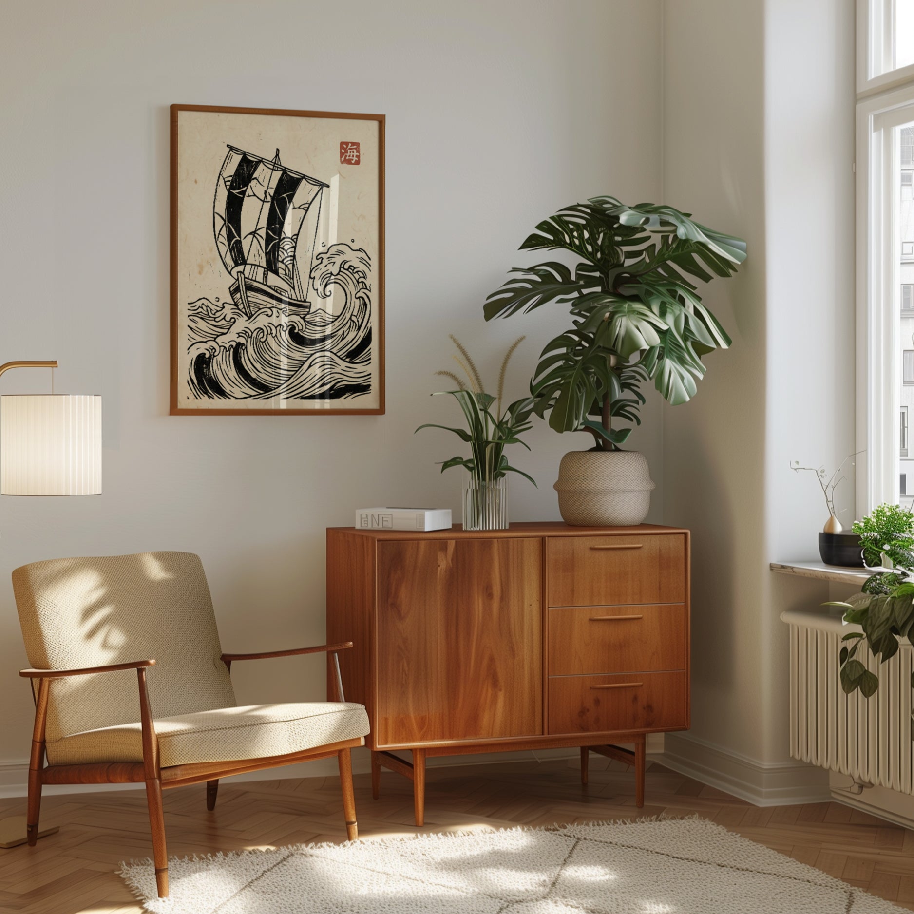 Black Sailboat Wall Art: Japanese Woodblock Style - interior