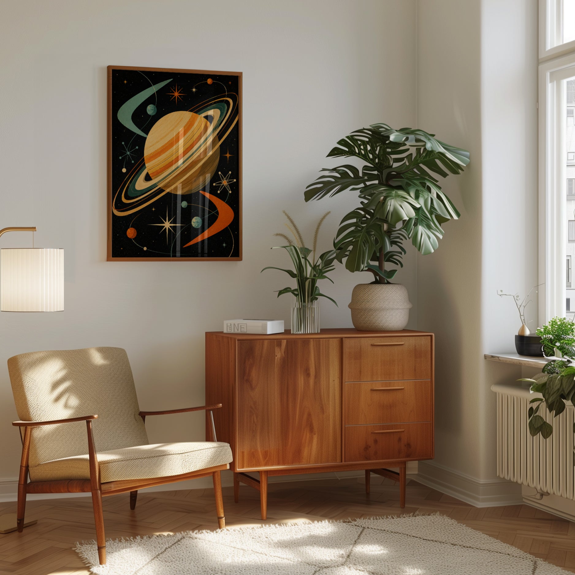 Retro Space Wall Art – Mid Century Planet Print - interior