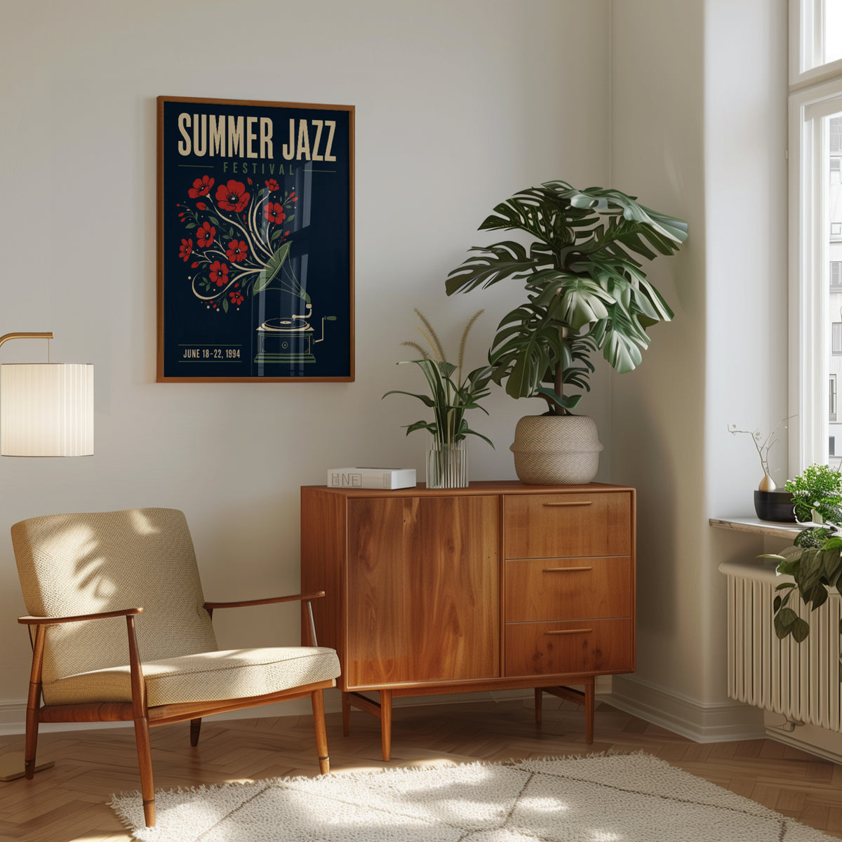 Summer Jazz Festival Poster: Vintage Gramophone with Red Poppies - interior