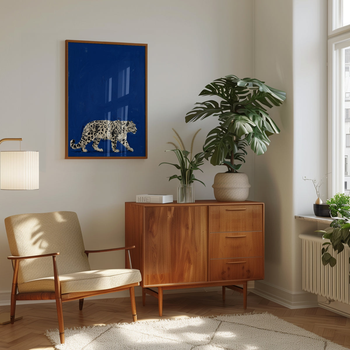 Snow Leopard Art Print: Contemporary Wildlife on Deep Blue - interior