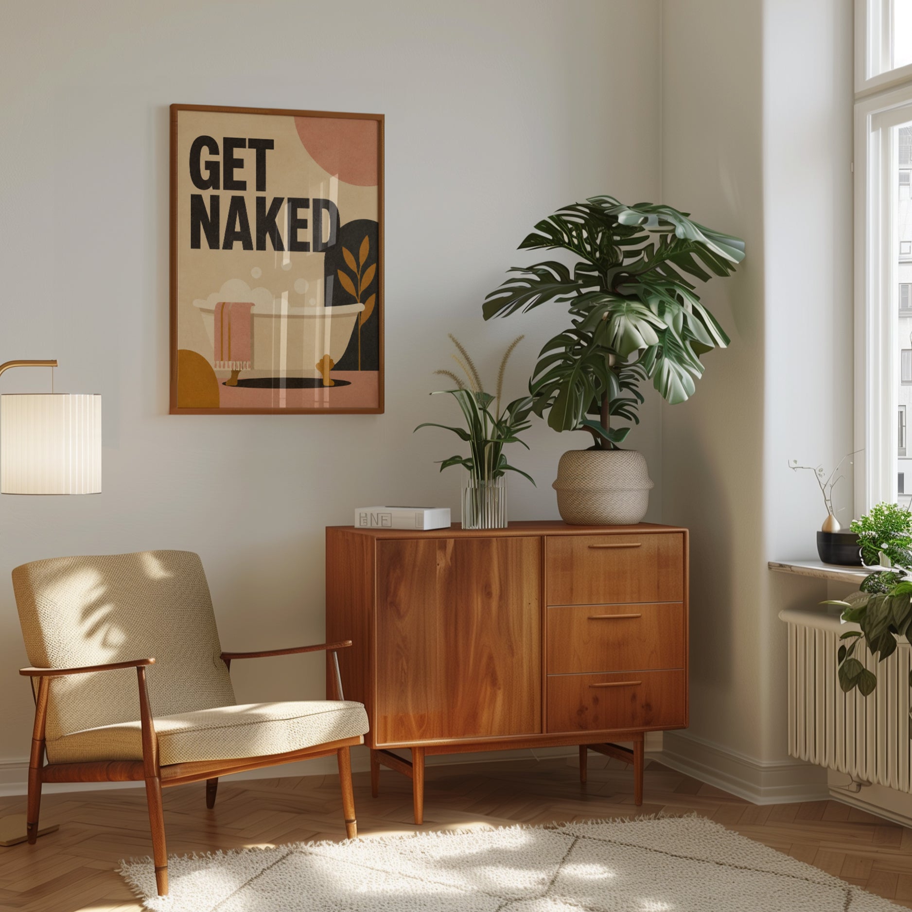Get Naked Bathroom Print: Retro Mid-Century Bathtub Art (Unframed) - interior