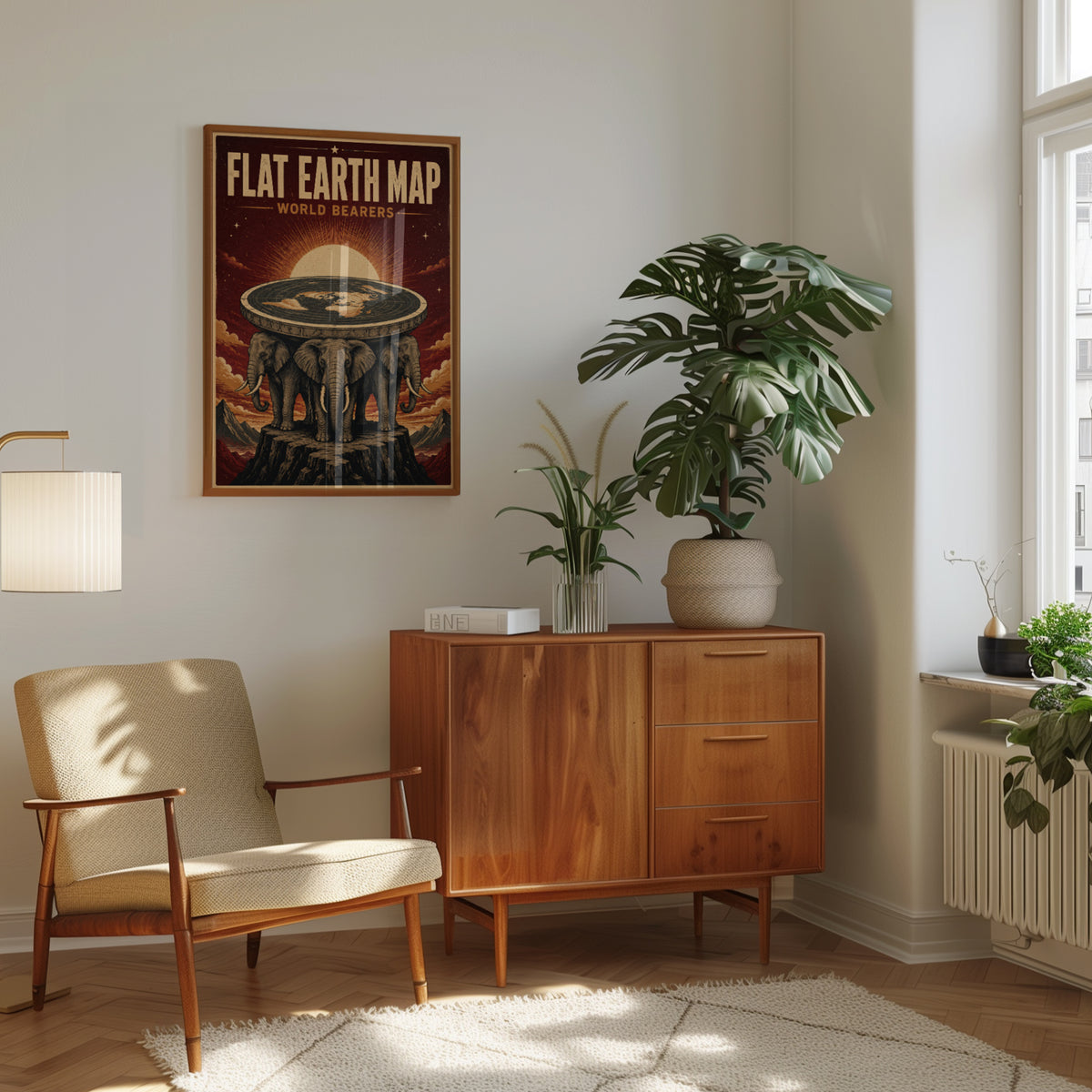 Flat Earth Map Poster: Vintage Mythological Elephant Design - interior