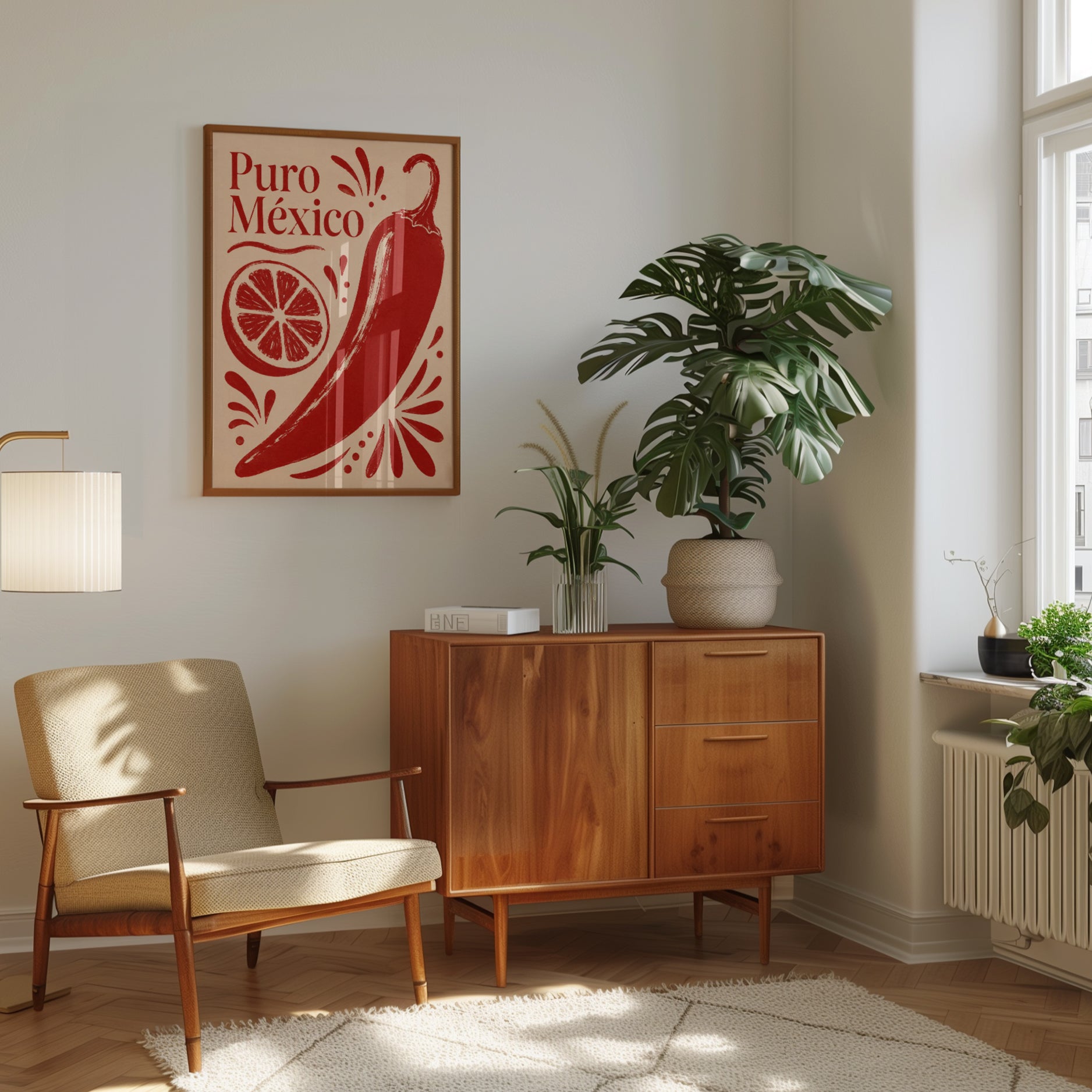 Puro Mexico Chili Pepper Print: Retro Red Kitchen Wall Art - interior