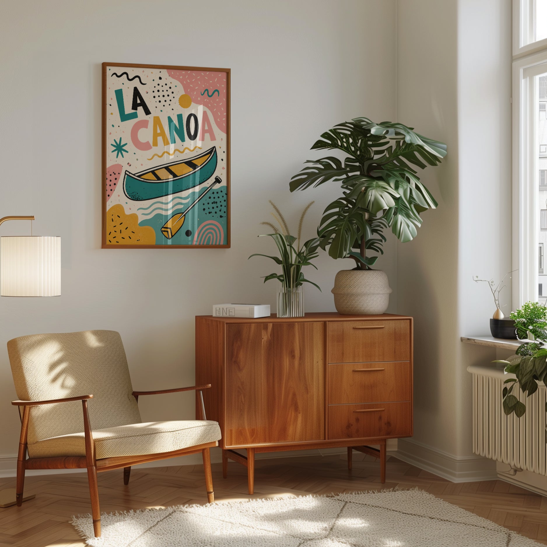 La Canoa Art Print: Mid-Century Modern Teal and Coral Design - interior