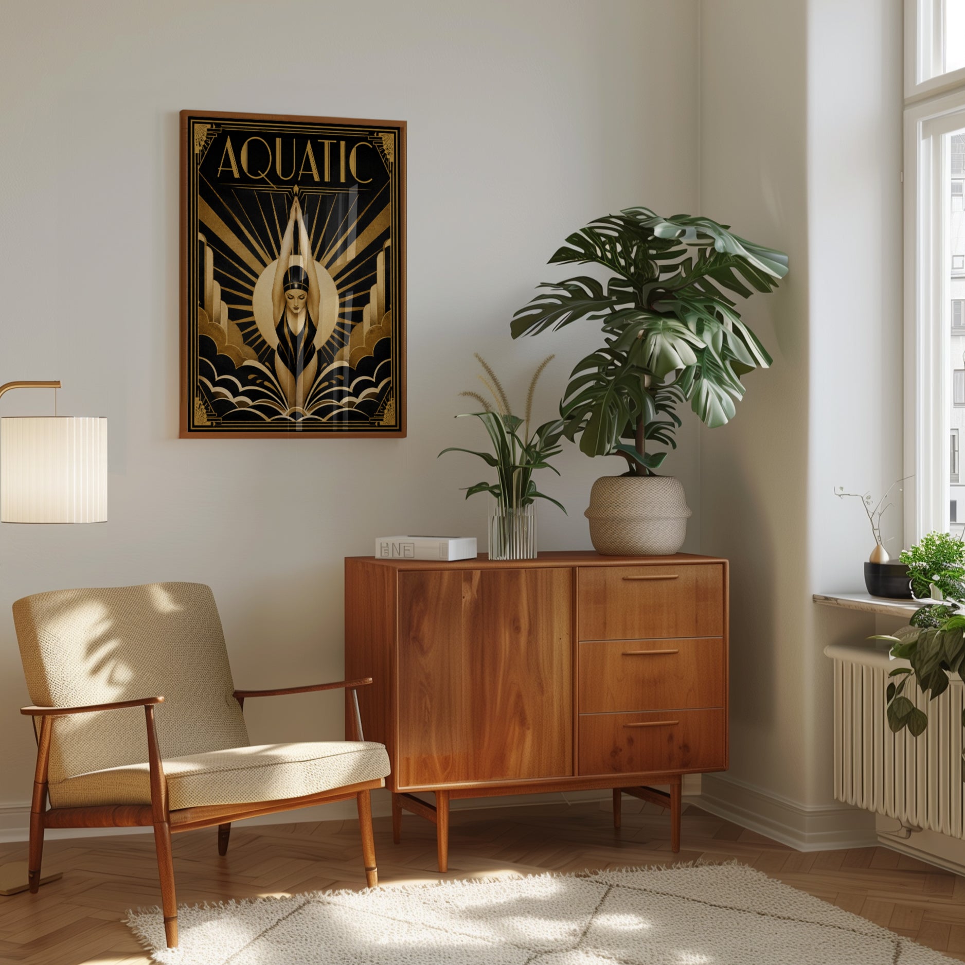 Aquatic Art Deco Swimmer Poster: Gold and Black Geometric Design - interior