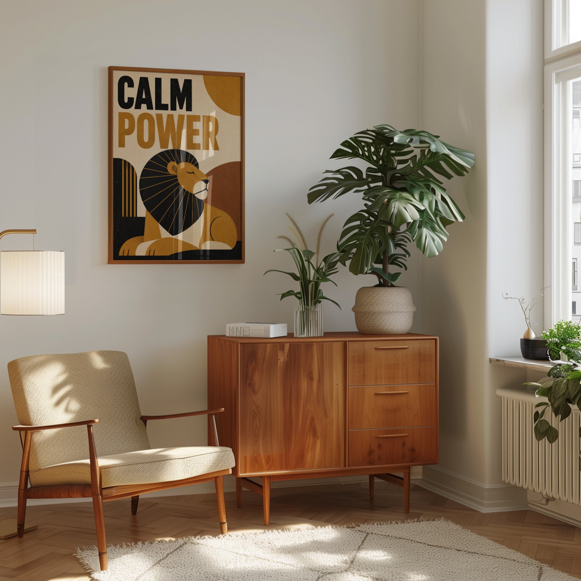Calm Power Lion Print: Art Deco Geometric Mustard and Black - interior