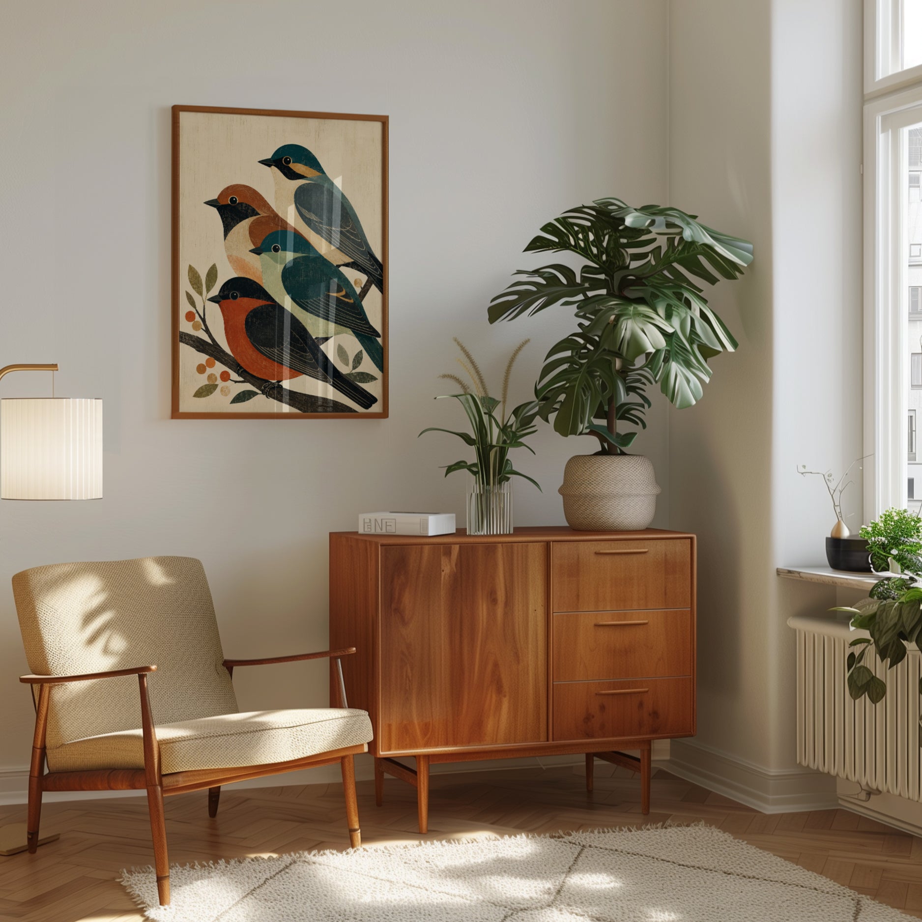 Vintage Birds on Branch Print: Mid-Century Folk Art Design - interior