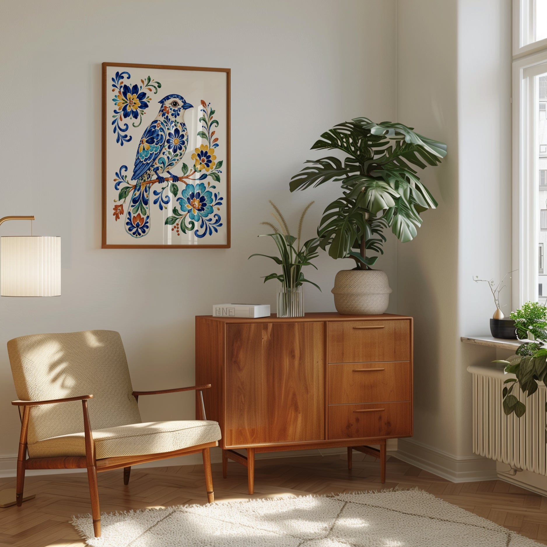 Folk Art Bird Print – Decorative Floral Wall Art - interior