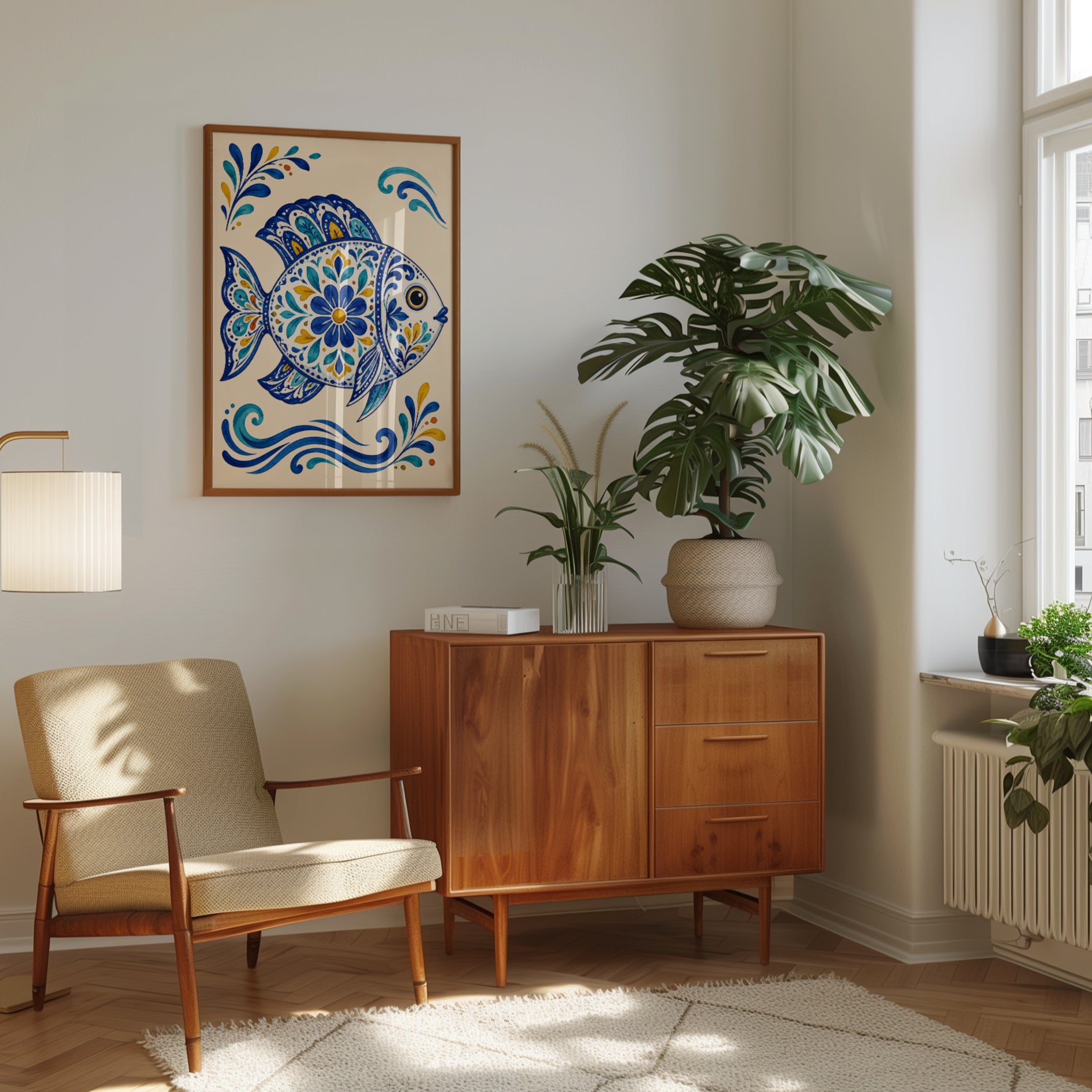 Folk Art Fish Print – Blue Coastal Wave Decor - interior