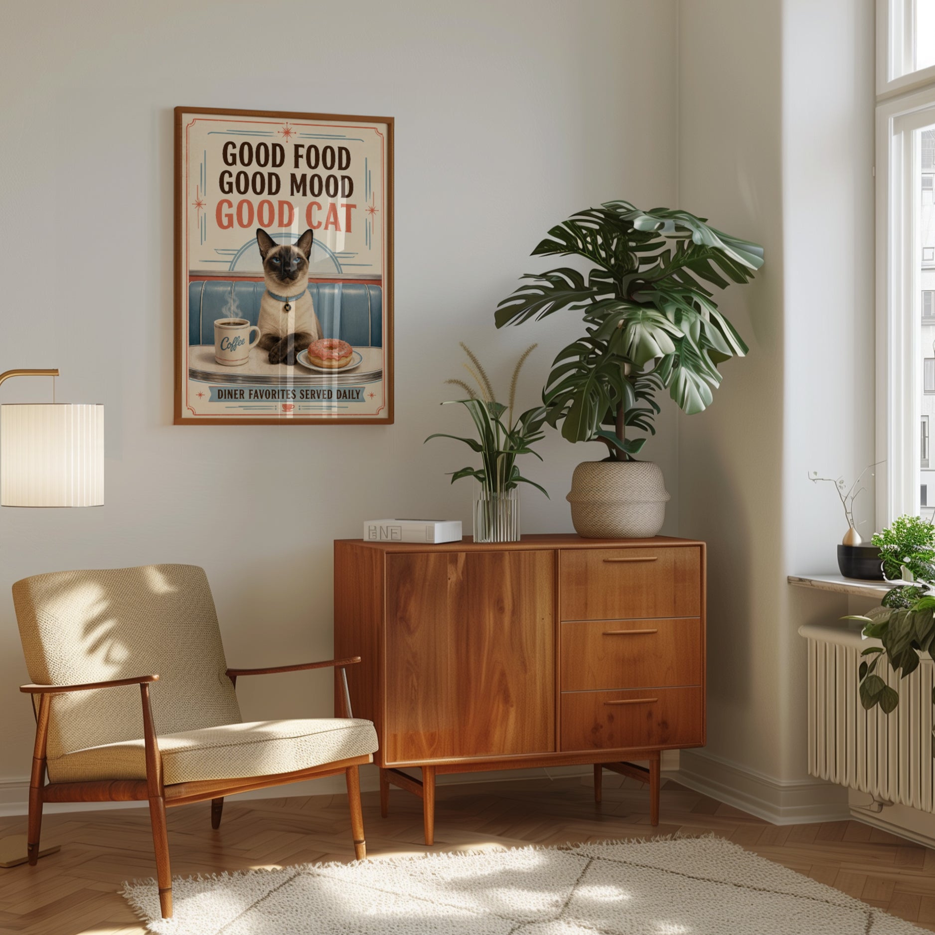 Cat Kitchen Wall Art – Good Food Good Mood Print - interior