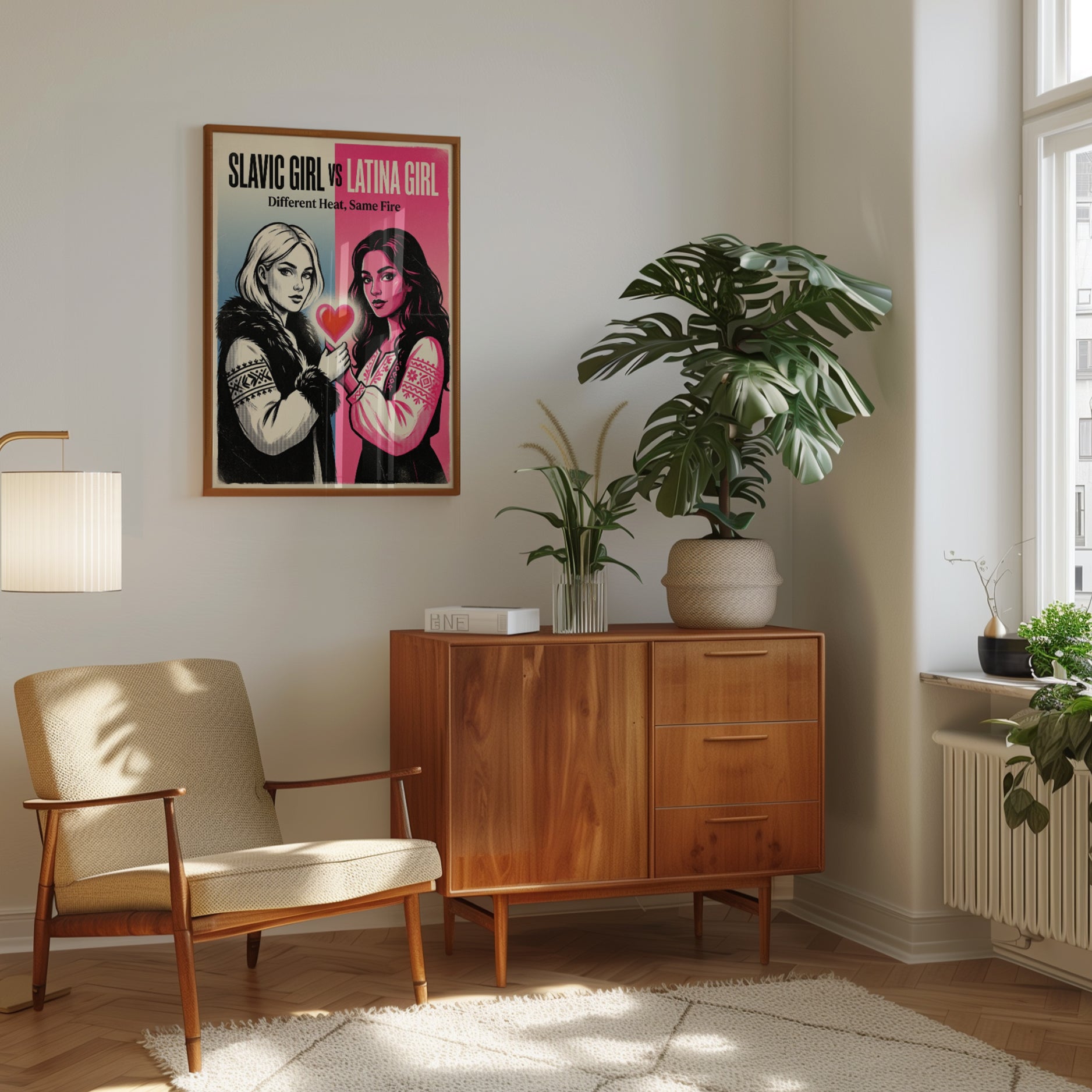 Vintage Pop Art Portrait: Split Screen Duo with Heart Poster - interior