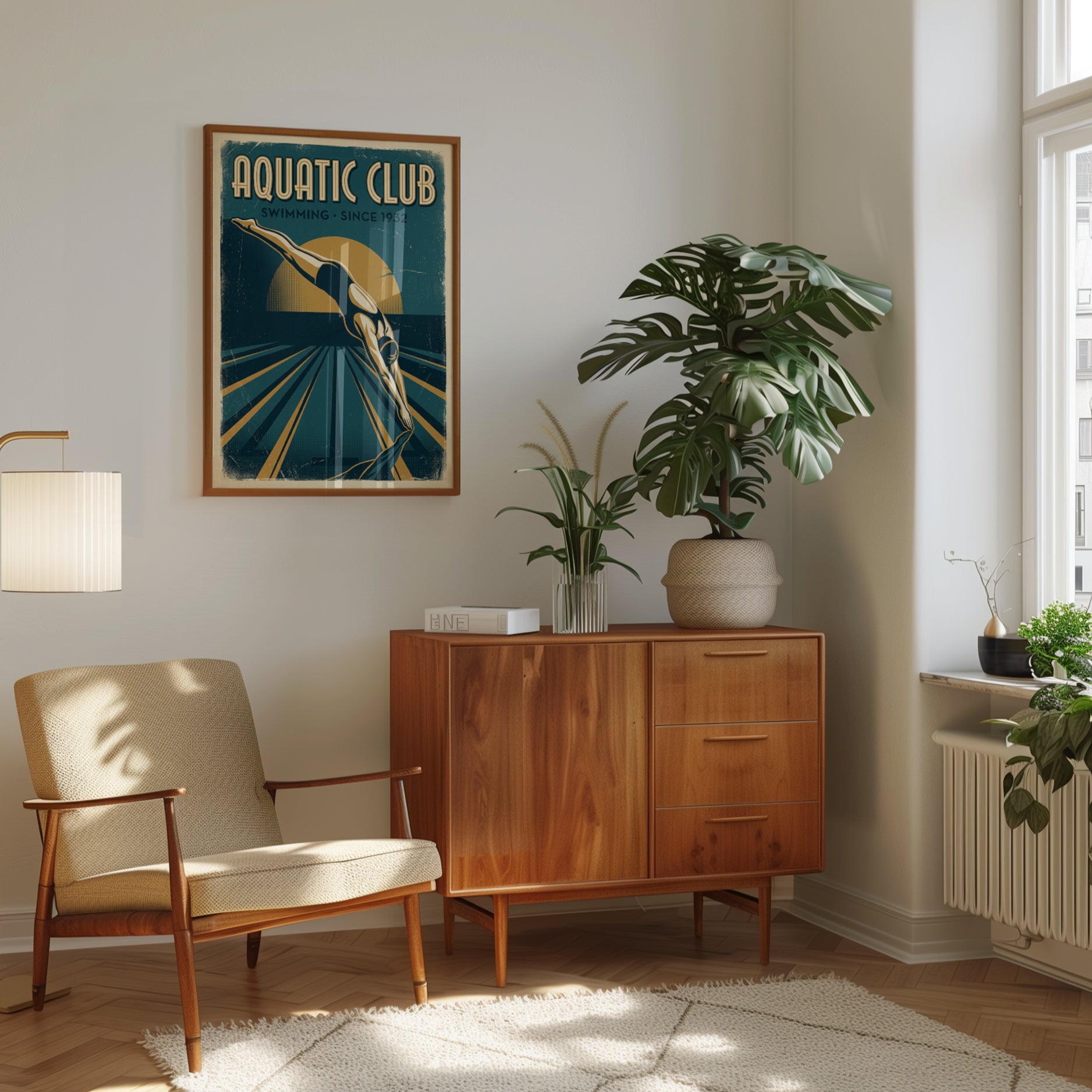 Aquatic Club Swimming Poster: Vintage Art Deco Diver Print - interior