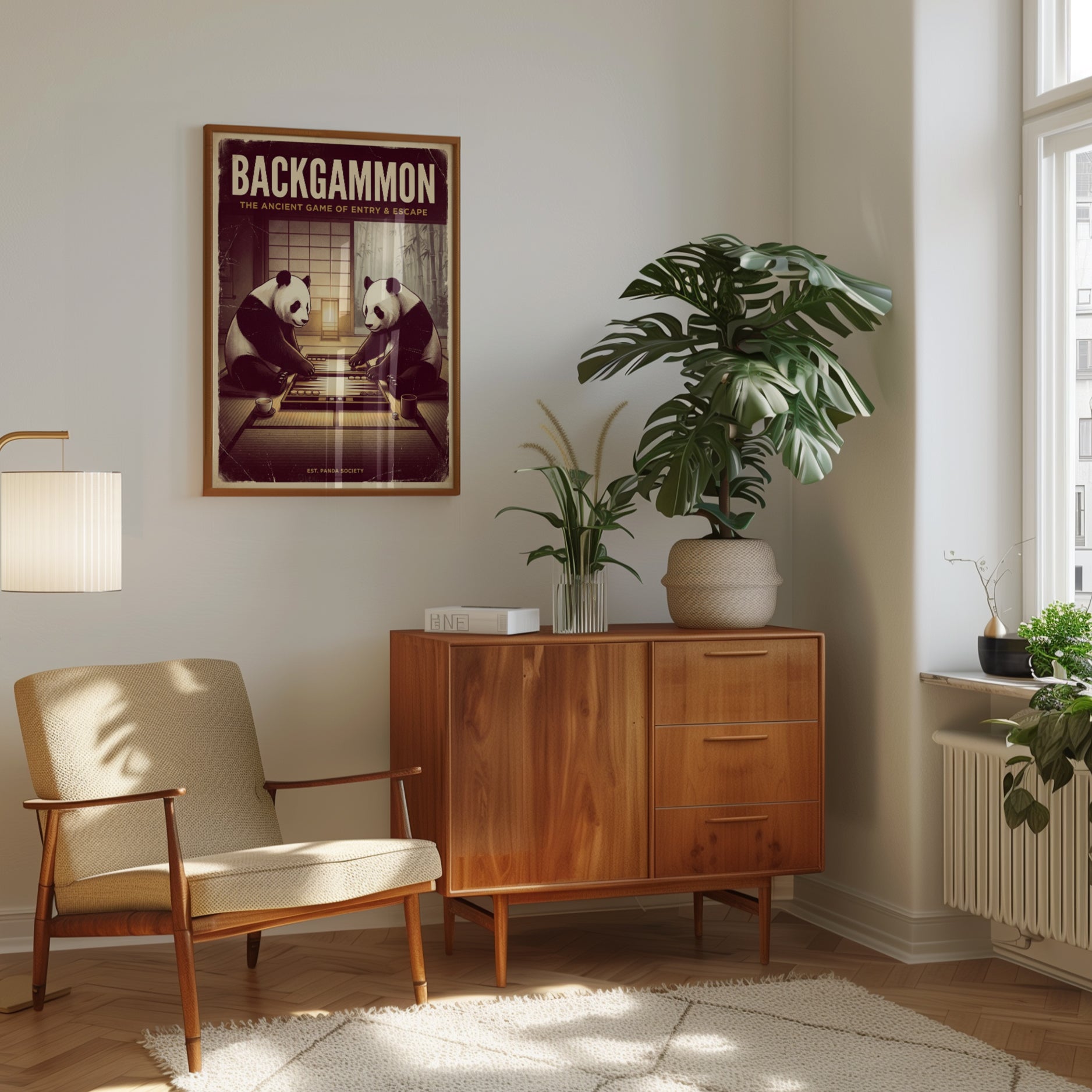 Backgammon Pandas Print: Vintage Japanese Game Room Poster - interior