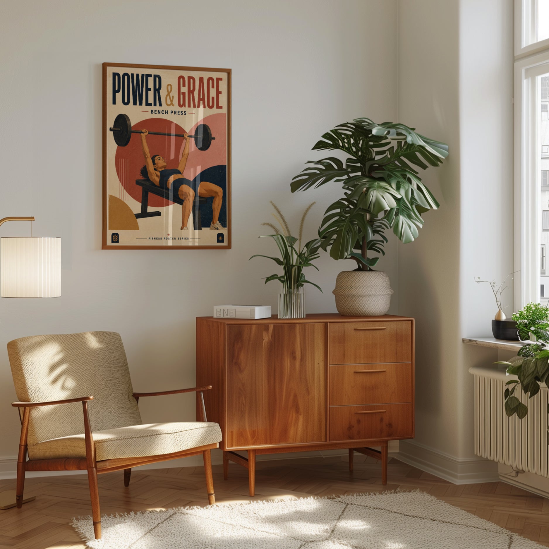 Power and Grace Bench Press Poster: Retro Fitness Art Print - interior