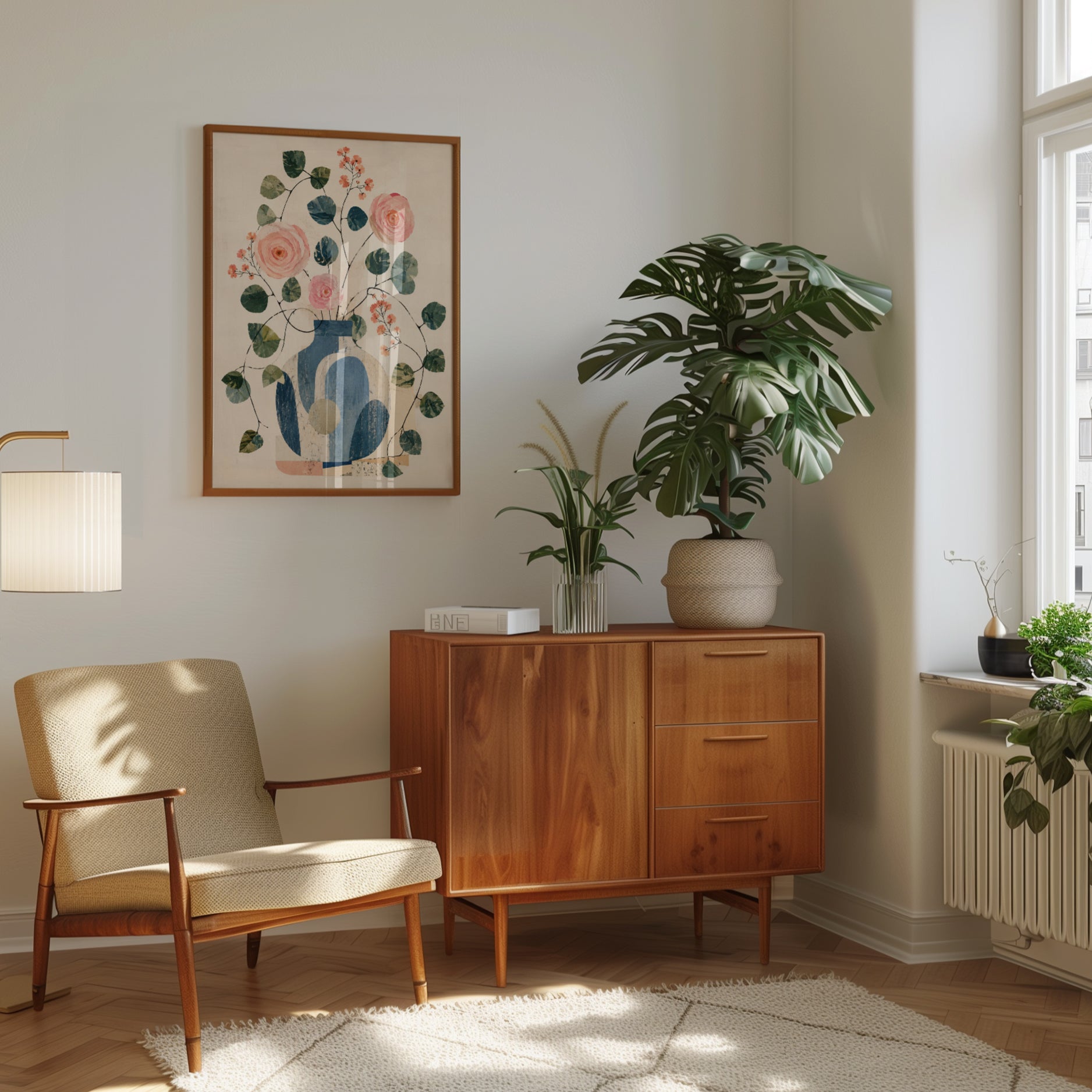 Botanical Vase Art Print: Mid-Century Modern Pink Roses and Leaves - interior