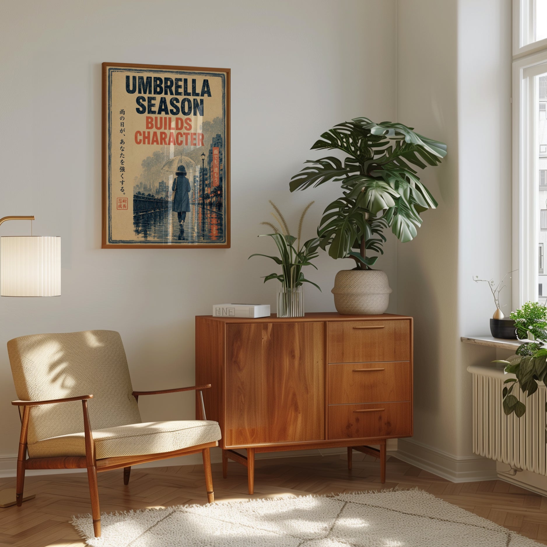 Japanese Umbrella Poster – Rainy Street Wall Art - interior