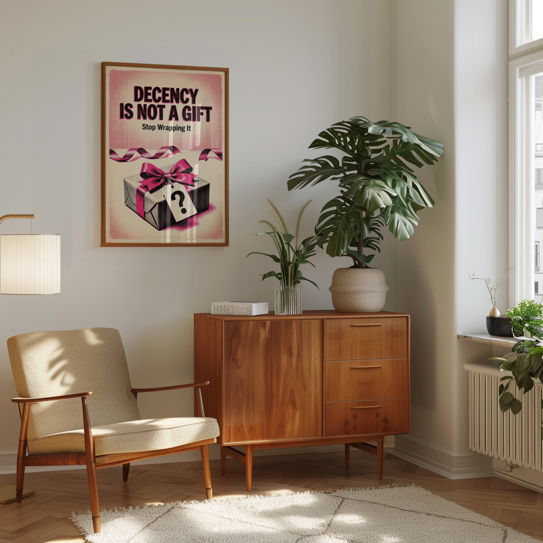 Decency Is Not A Gift Poster: Retro Pink Typography Wall Art - interior