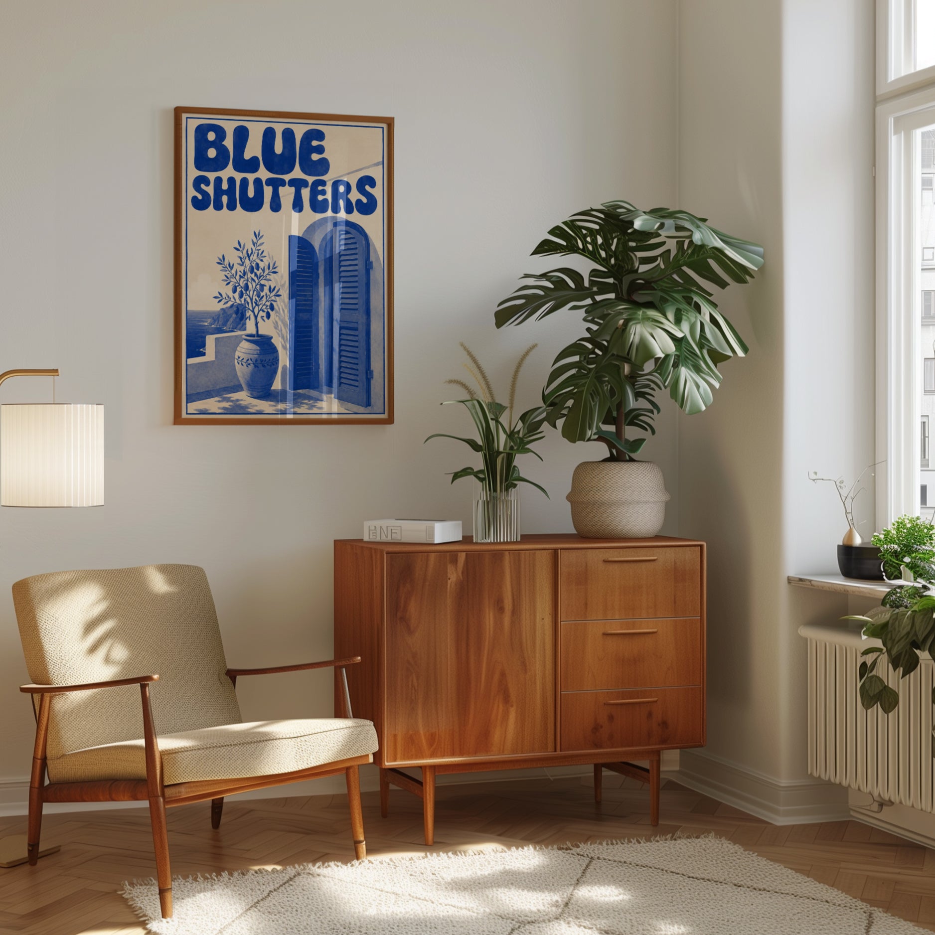 Greek Island Travel Poster: Blue Shutters and Olive Branch - interior