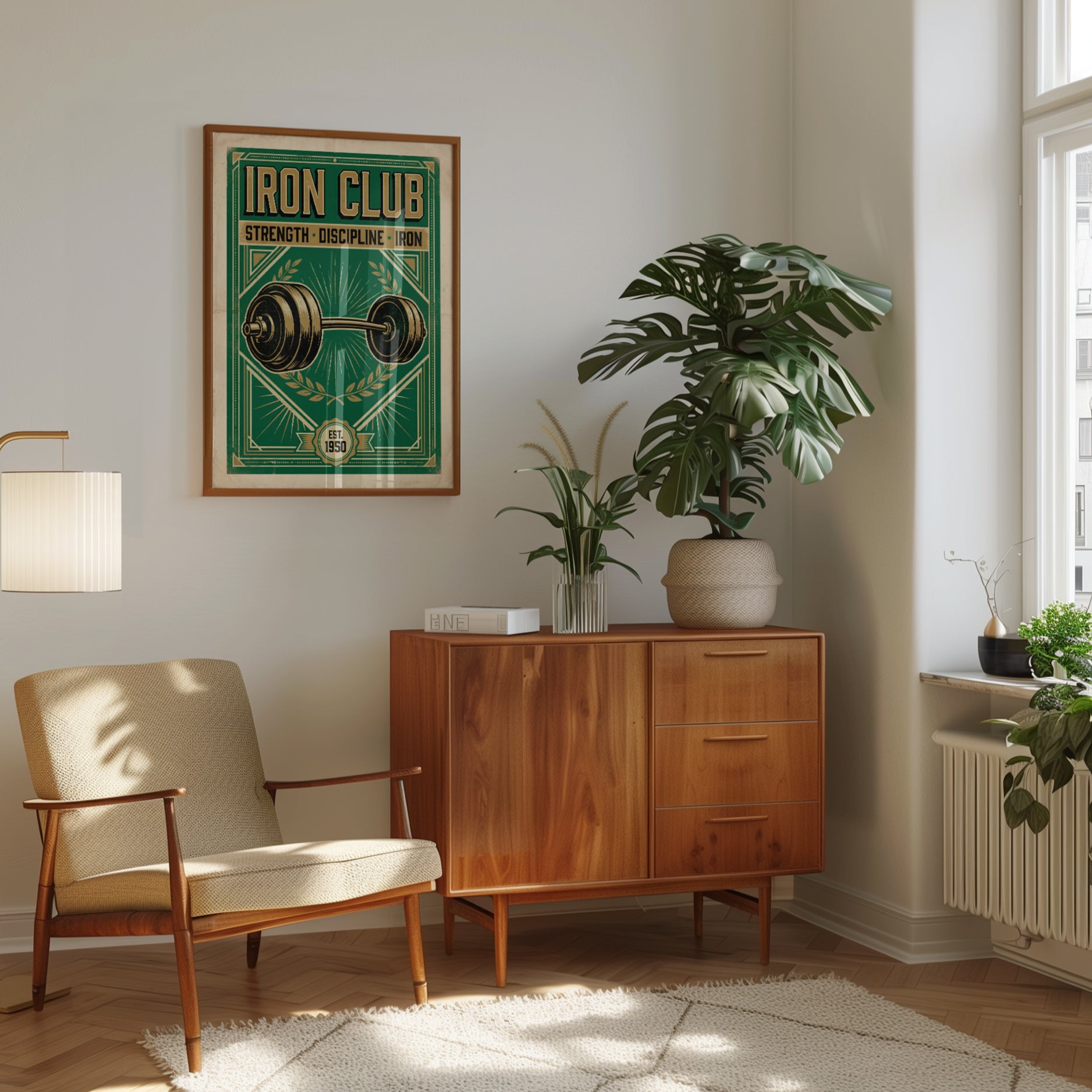 Vintage Iron Club Gym Print — Retro Weightlifting Barbell Poster - interior