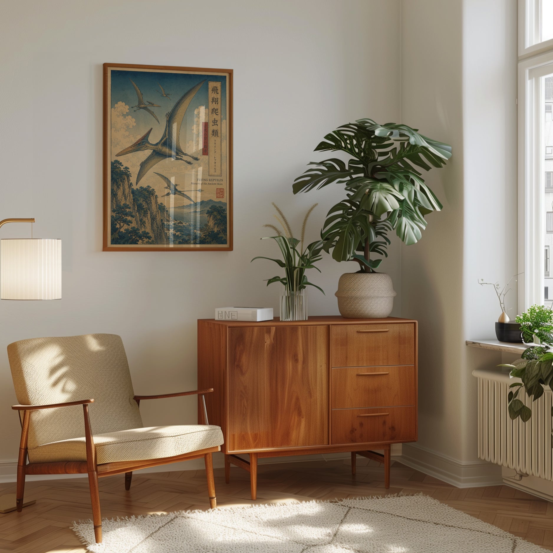 Flying Pterodactyls Art Print: Japanese Ukiyo-e Style Dinosaurs - interior