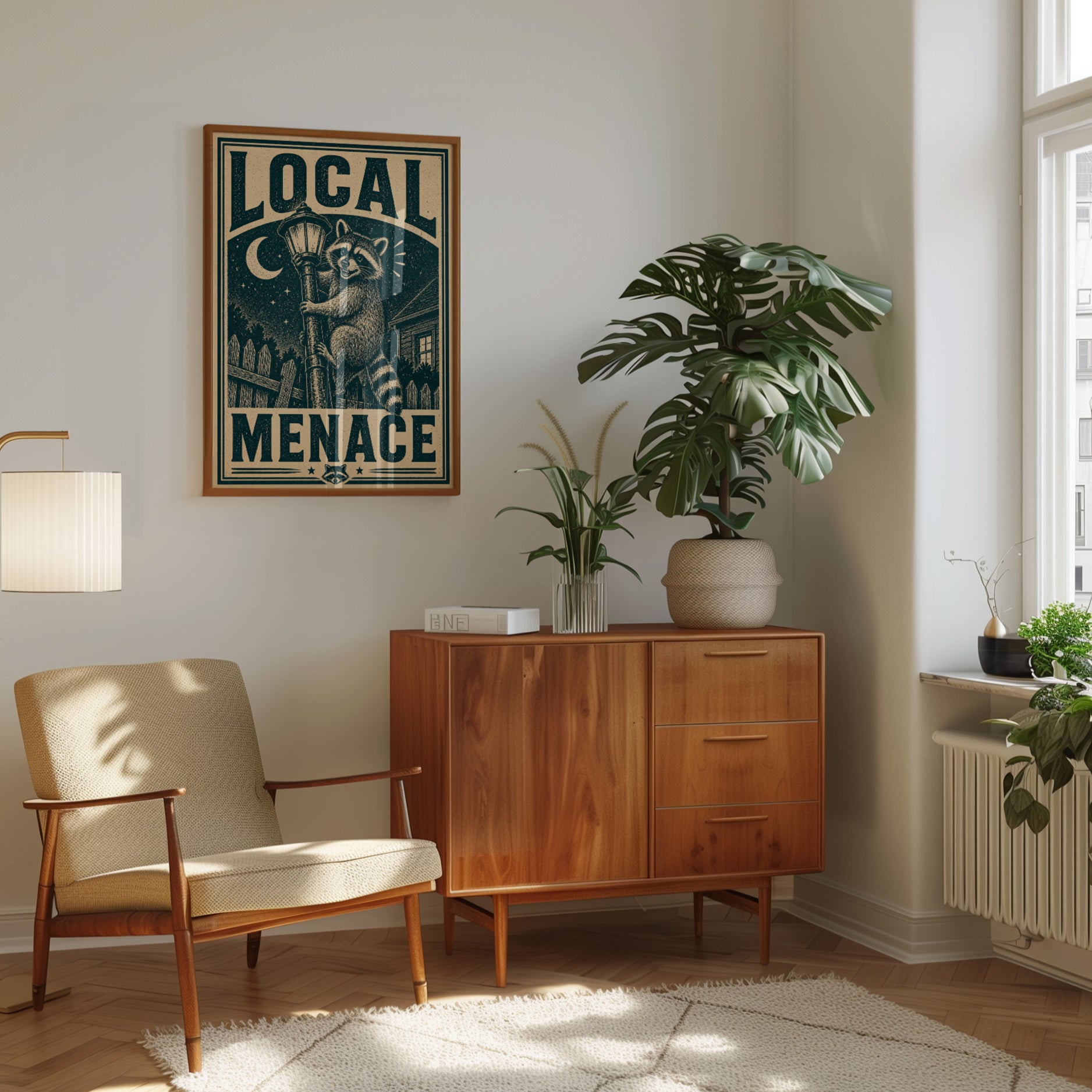 Local Menace Raccoon Poster: Vintage Linocut Style Wall Art - interior