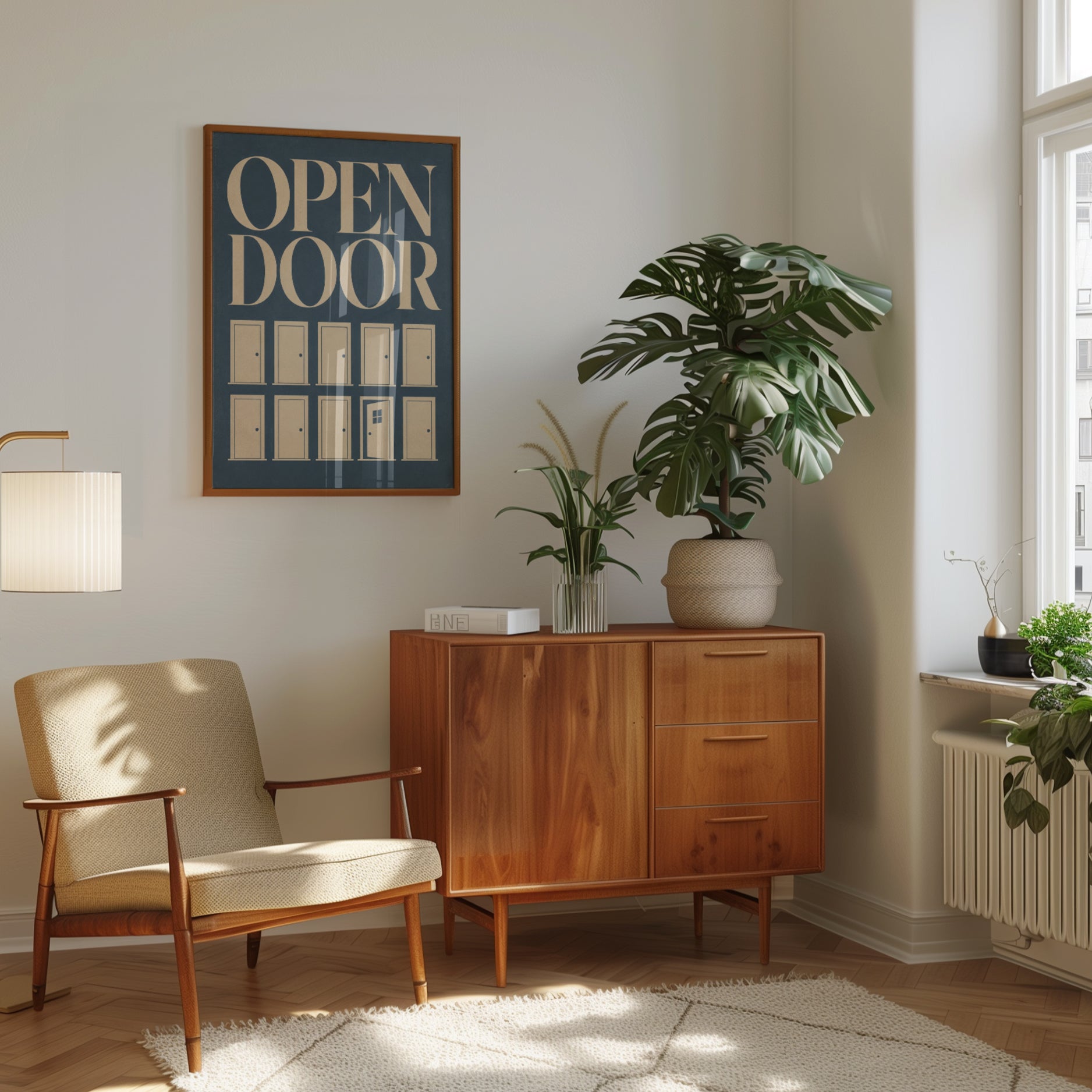 Open Door Typography Print: Minimalist Mid-Century Modern Art - interior