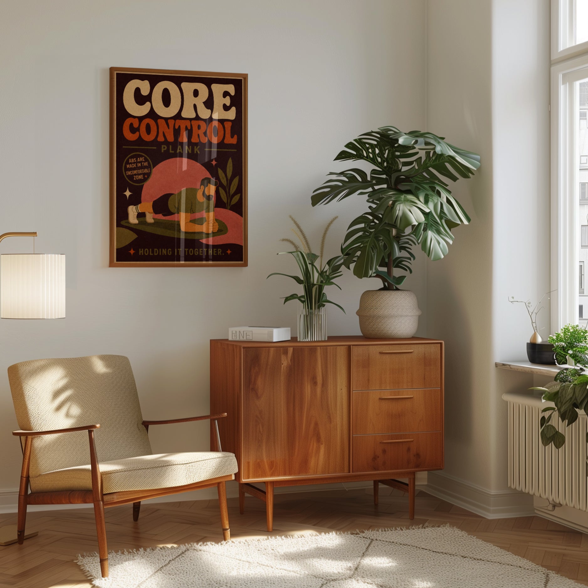 Core Control Plank Poster: Retro Fitness Motivational Art Print - interior