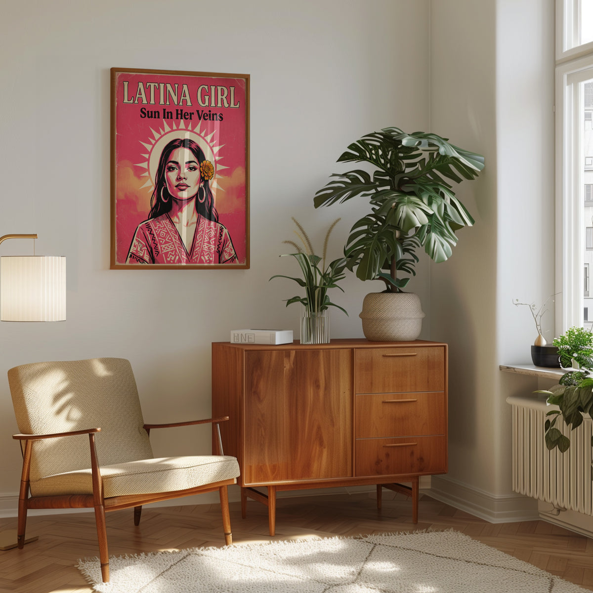 Latina Girl Retro Poster: Pink and Orange Portrait Wall Art - interior