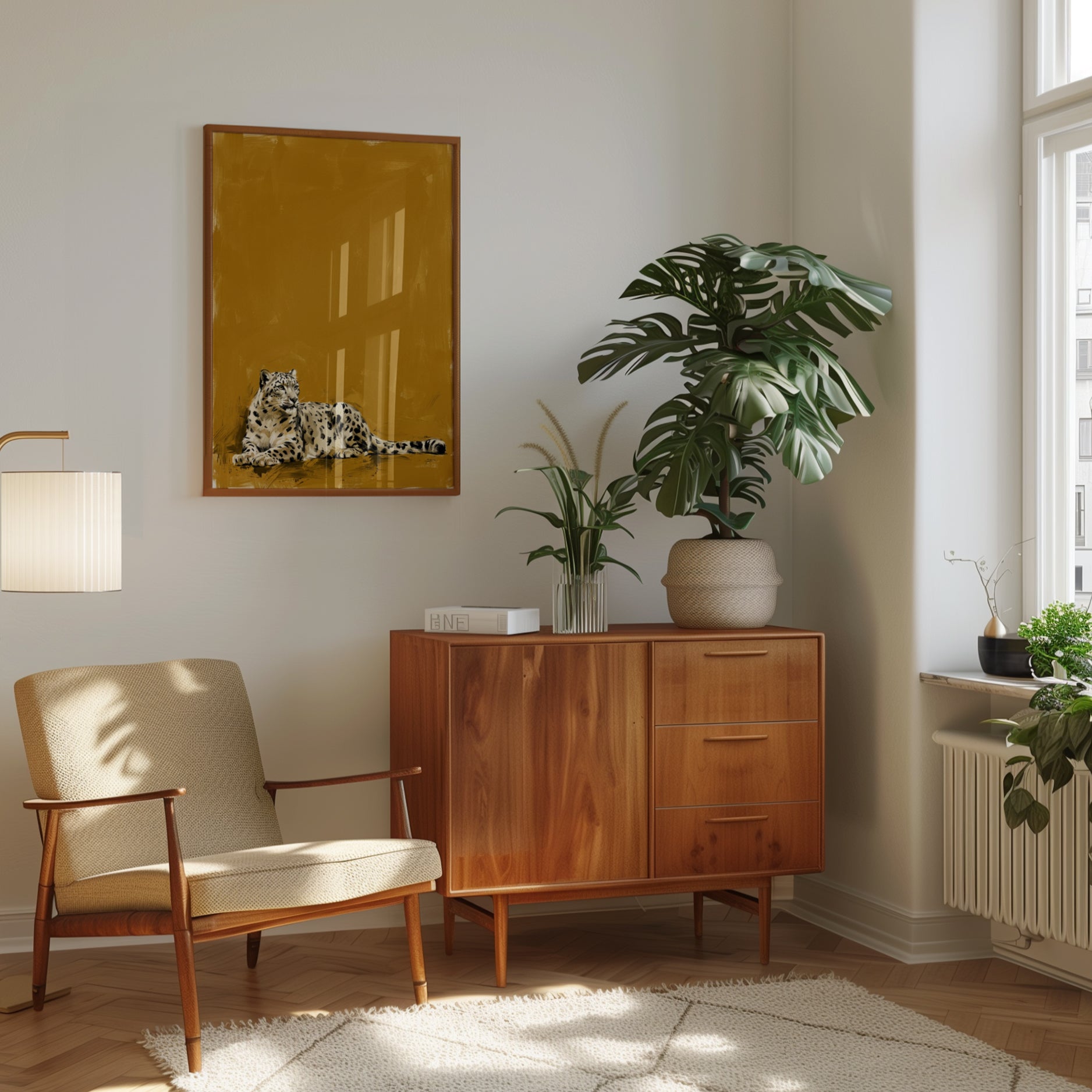 Snow Leopard Wall Art: Minimalist Wildlife on Golden Ochre - interior