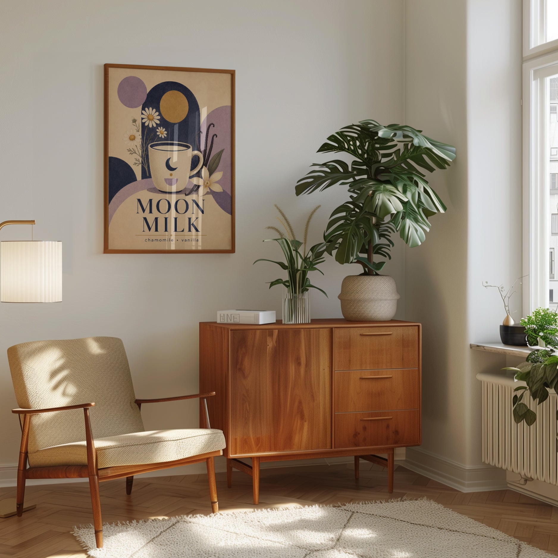 Moon Milk Tea Poster: Art Deco Botanical Chamomile Design - interior