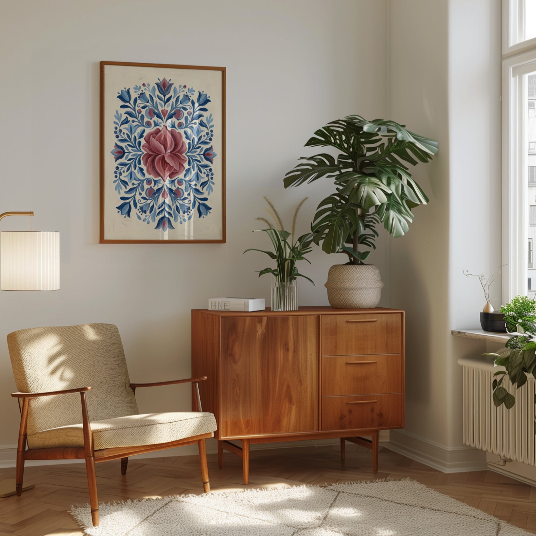 Folk Art Floral Print: Scandinavian Blue and Mauve Rosemaling - interior