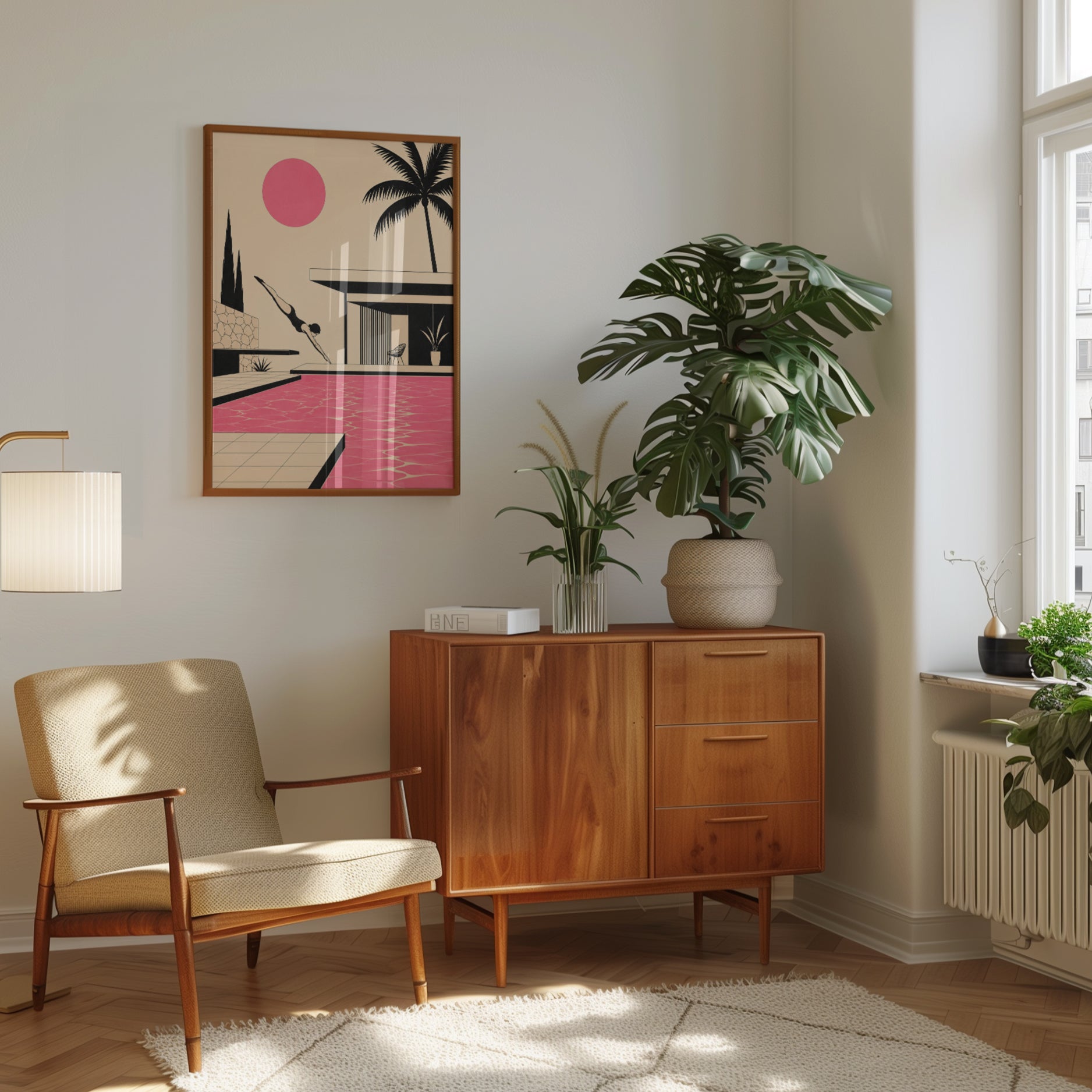 Mid-Century Modern Pool House Art Print: Pink Palm Tree Retro Scene - interior