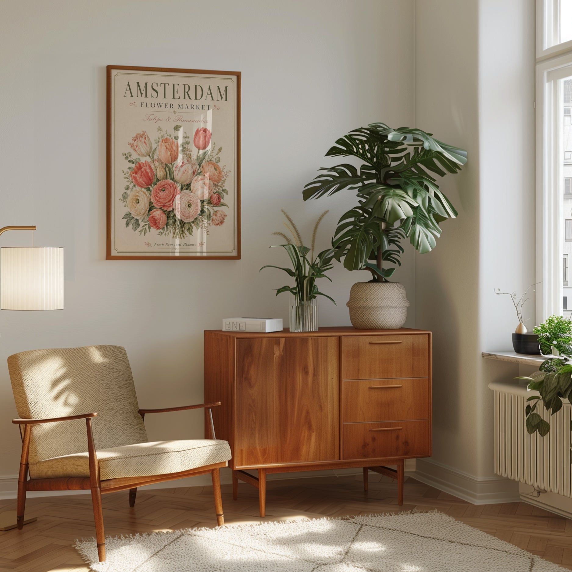 Amsterdam Flower Market Print — Vintage Botanical Tulips & Ranunculus - interior