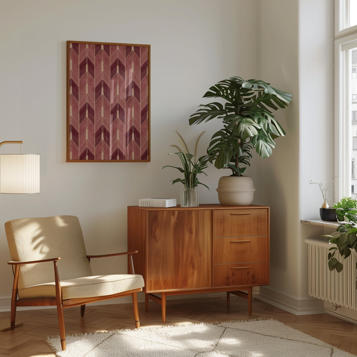 Chevron Wall Art: Burgundy and Gold Geometric Print (Vintage Style) - interior
