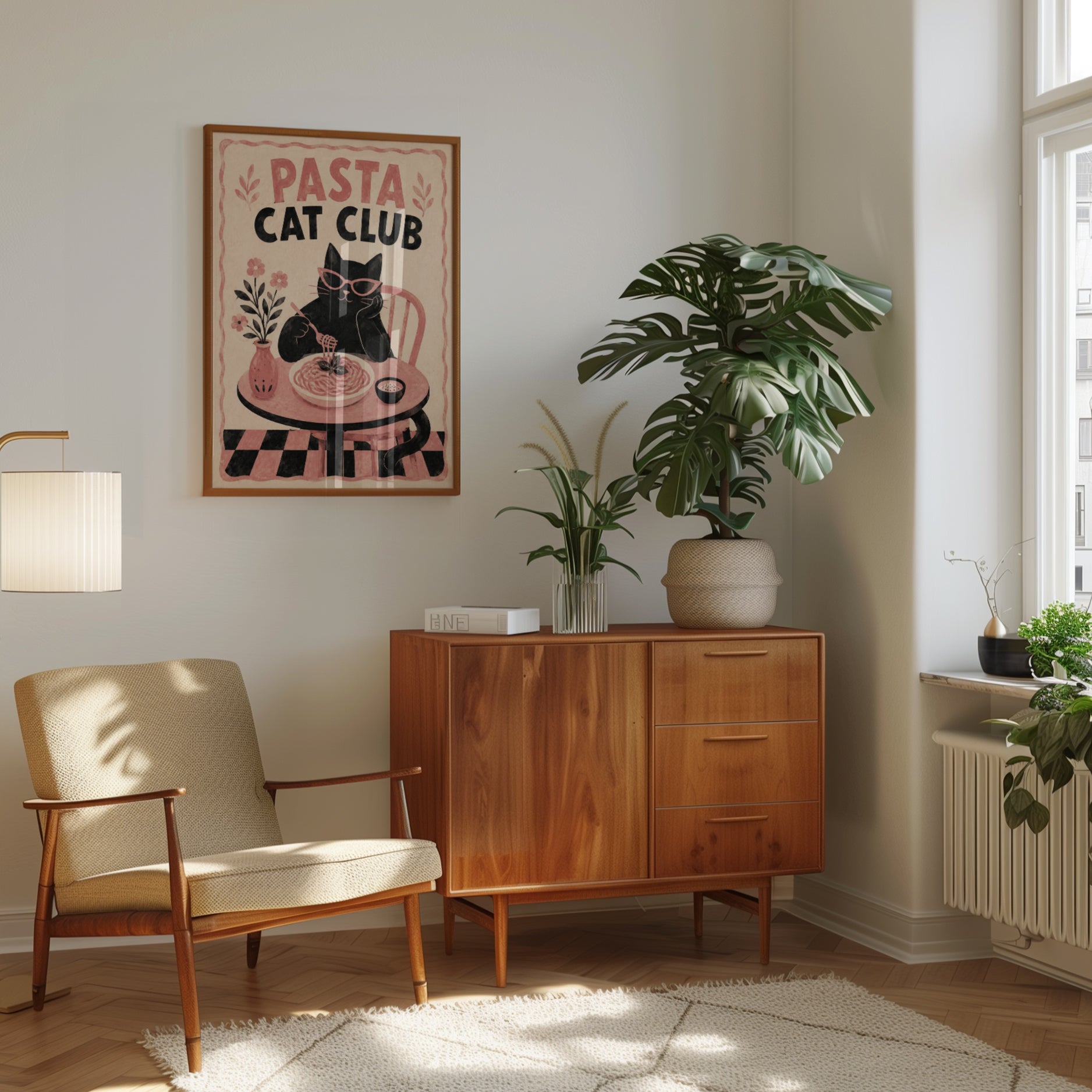 Pasta Cat Club Print – Retro Kitchen Wall Art - interior
