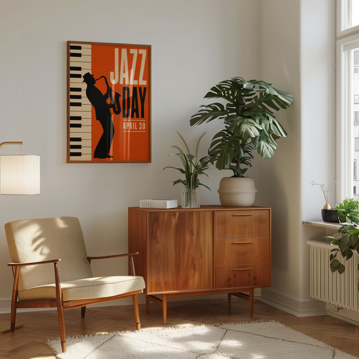 Jazz Day Poster: Retro Music Room Art (Vintage Saxophone Design) - interior