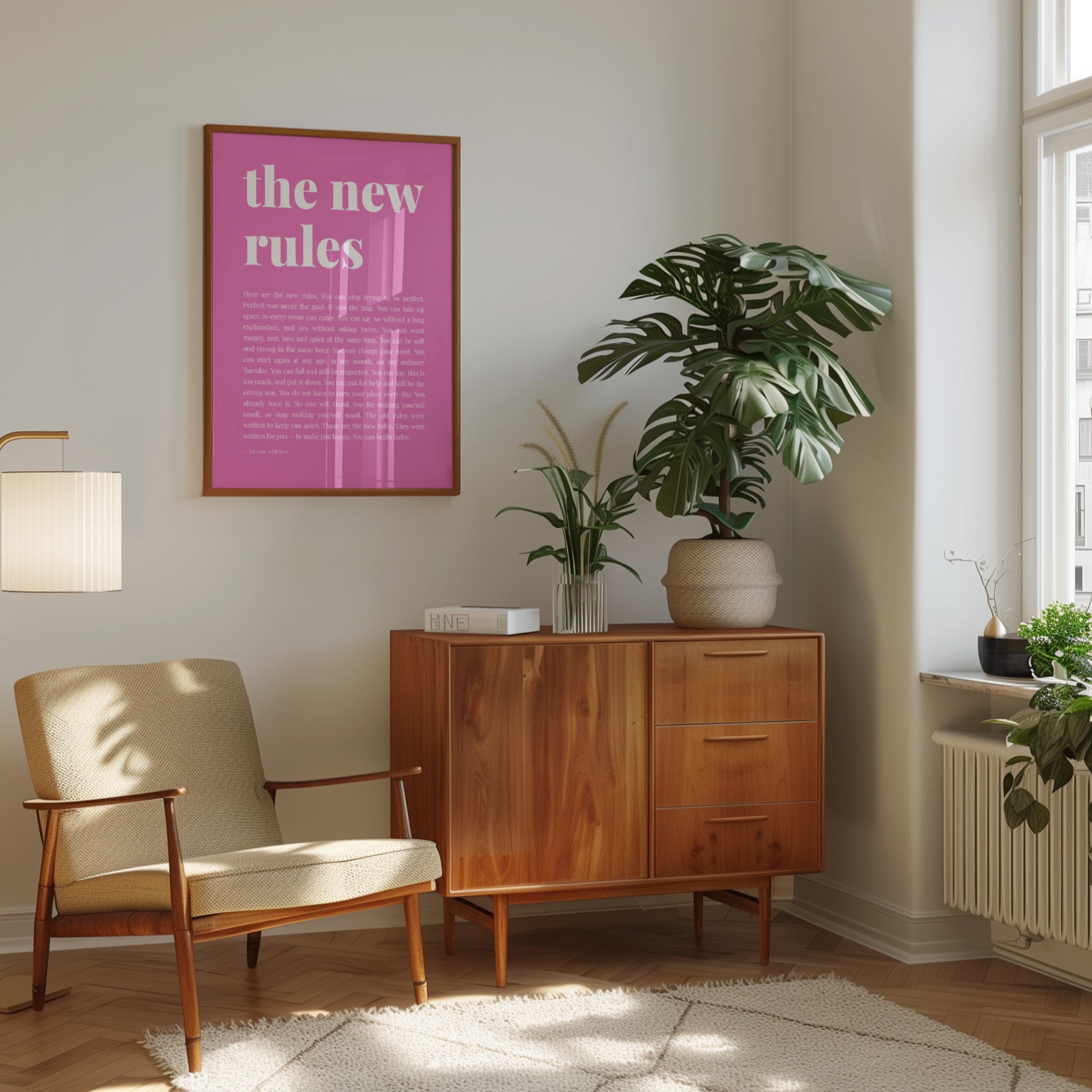 The New Rules Typography Print: Pink Motivational Wall Art - interior