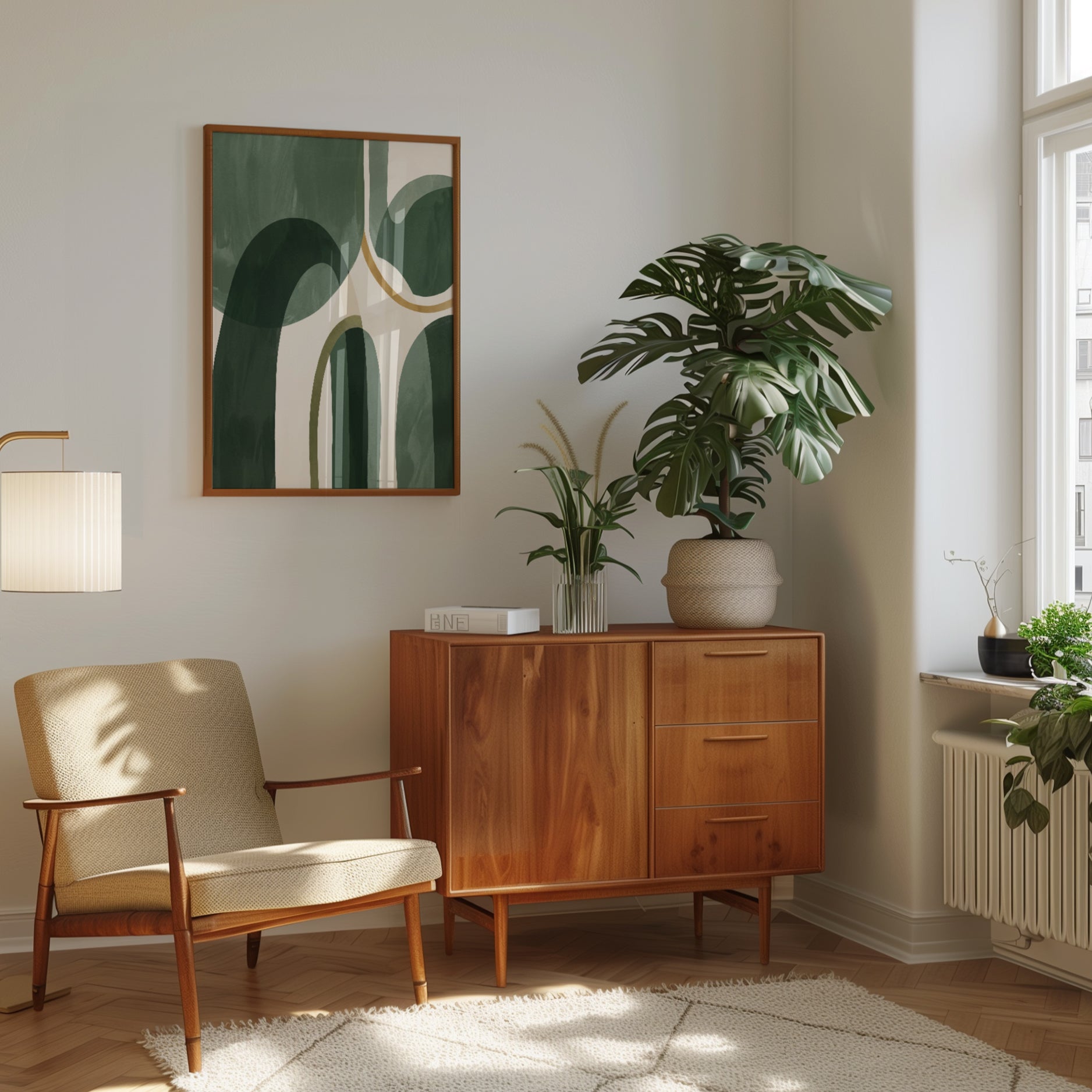 Mid-Century Modern Art Print: Green & Gold Organic Shapes - interior