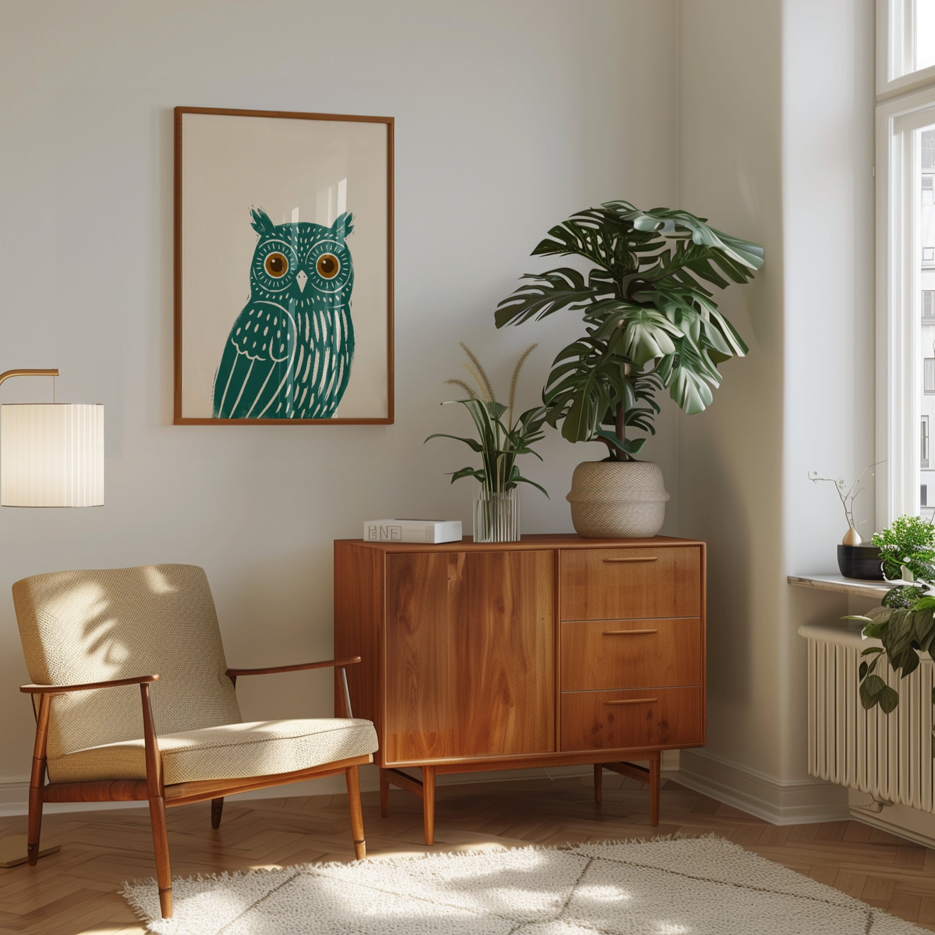 Teal Owl Art Print: Scandinavian Folk Style Nursery Decor - interior