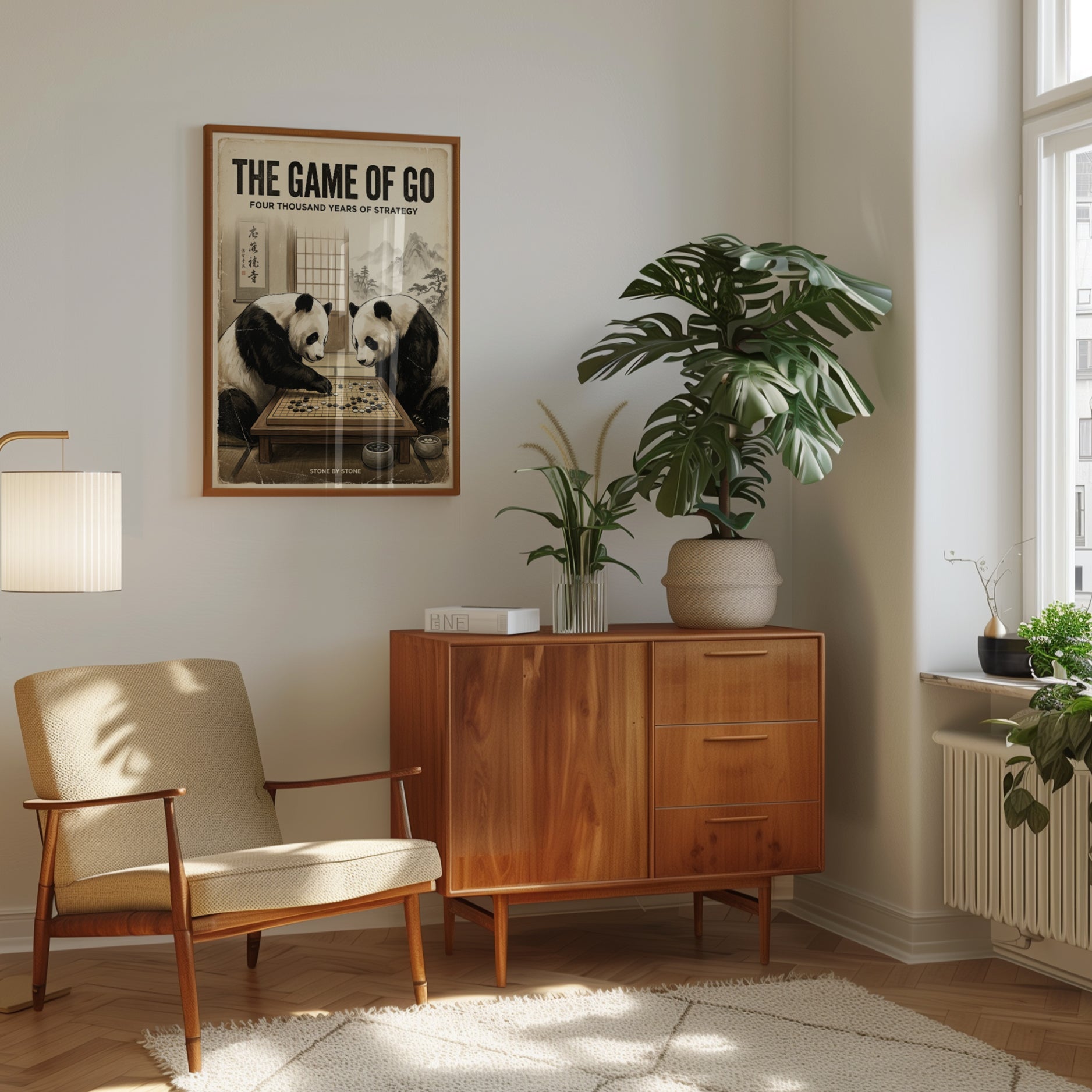 Pandas Playing Go Poster: Vintage Japanese Style Wall Art - interior