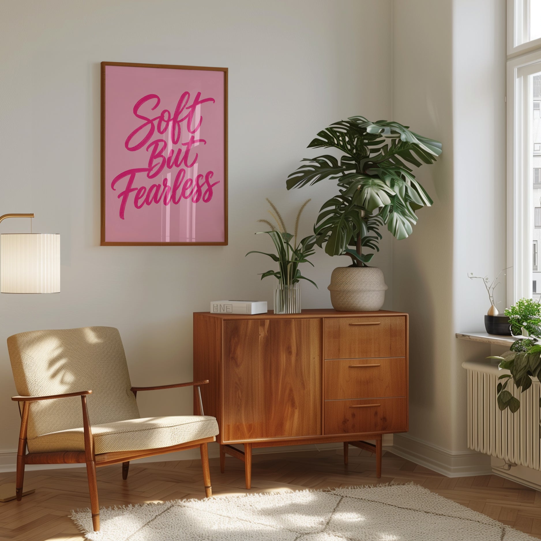 Soft But Fearless Typography Print: Pink Motivational Wall Art - interior