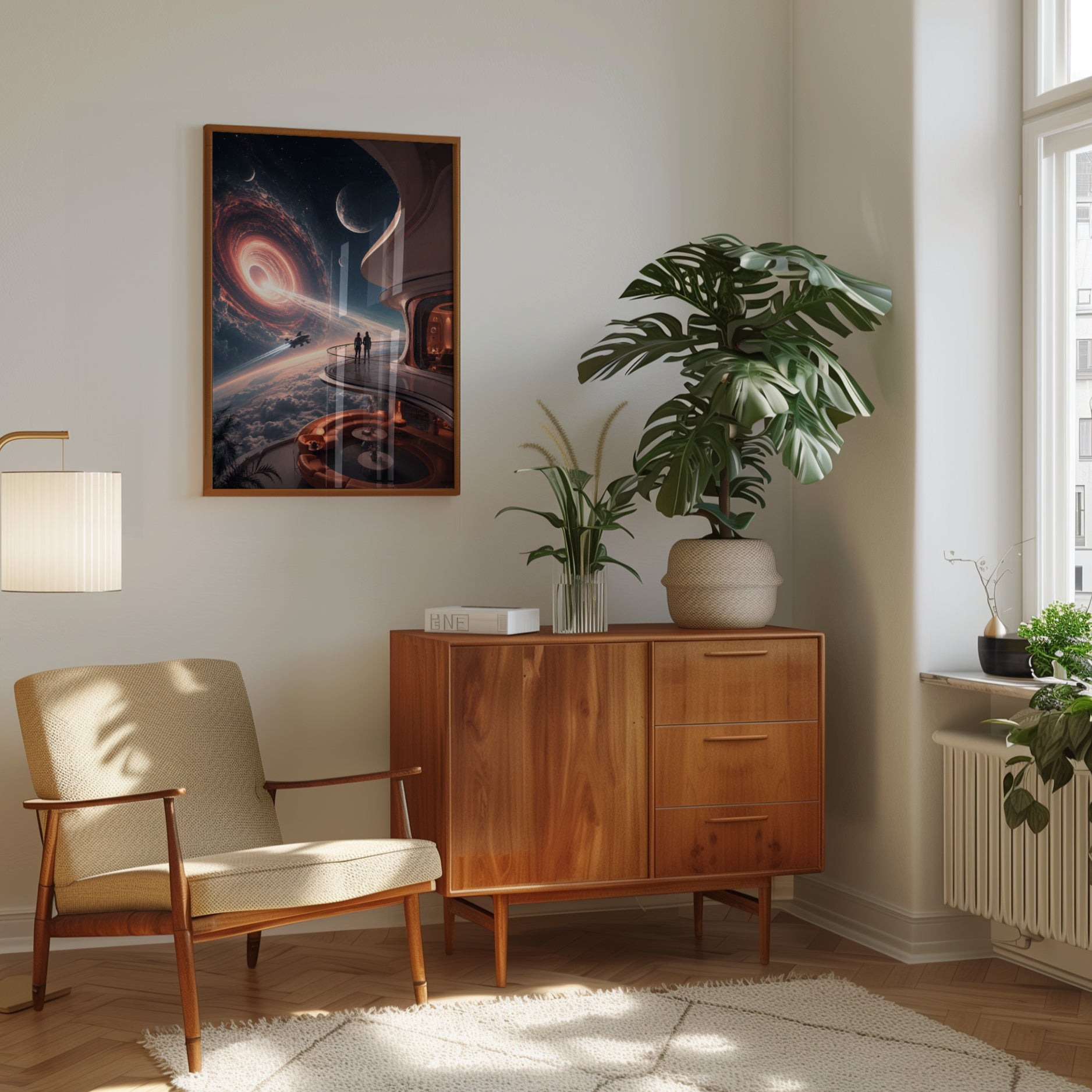 Futuristic Space Observatory Art Print: Spiral Galaxy View - interior