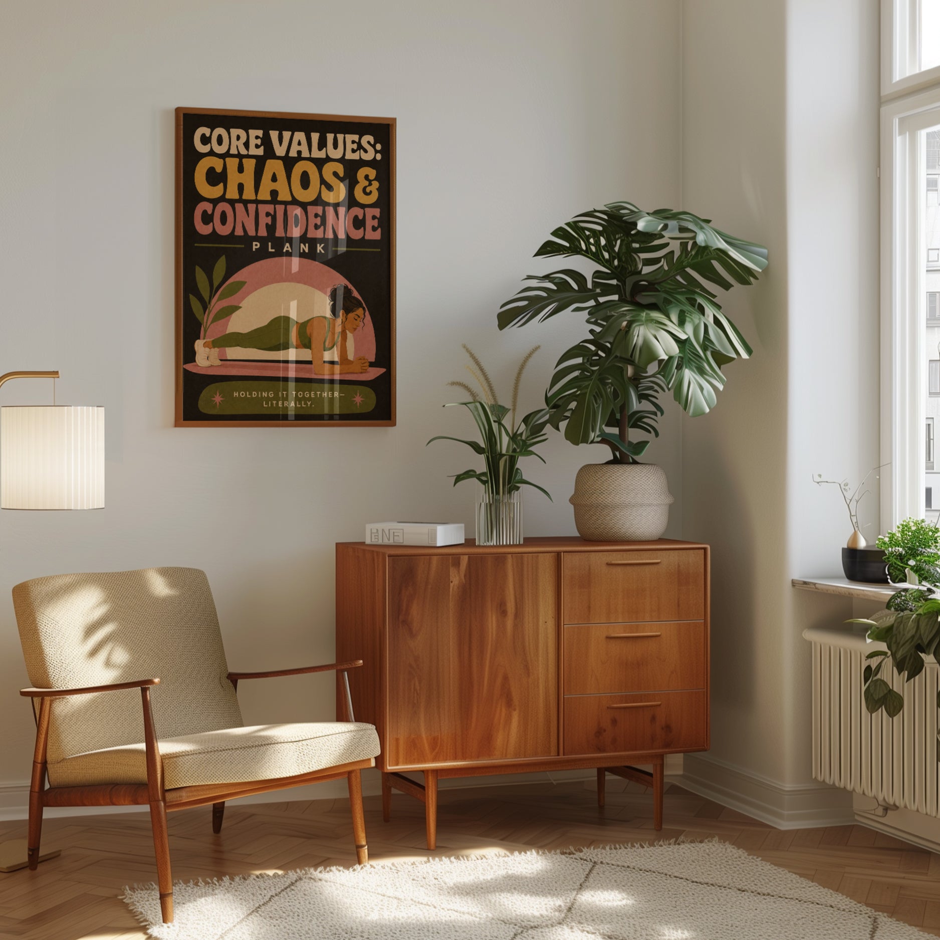 Yoga Plank Pose Art Print: Retro Motivational Fitness Poster - interior