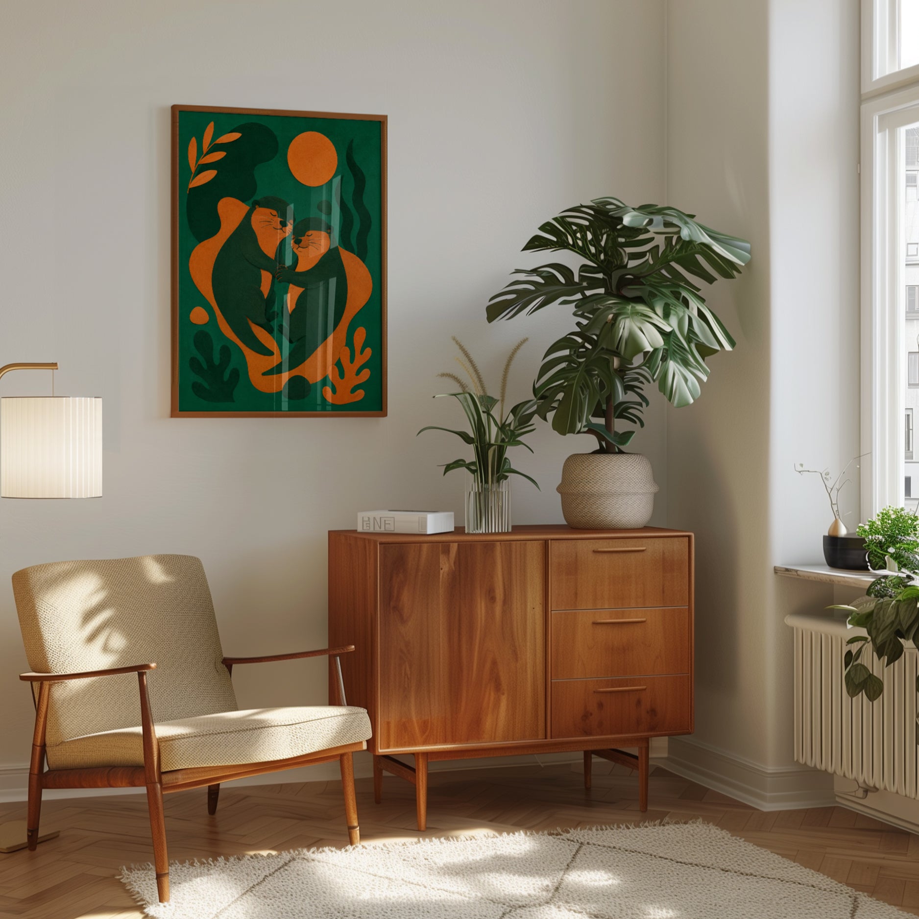 Otter Couple Art Print: Minimalist Green and Orange Wildlife - interior