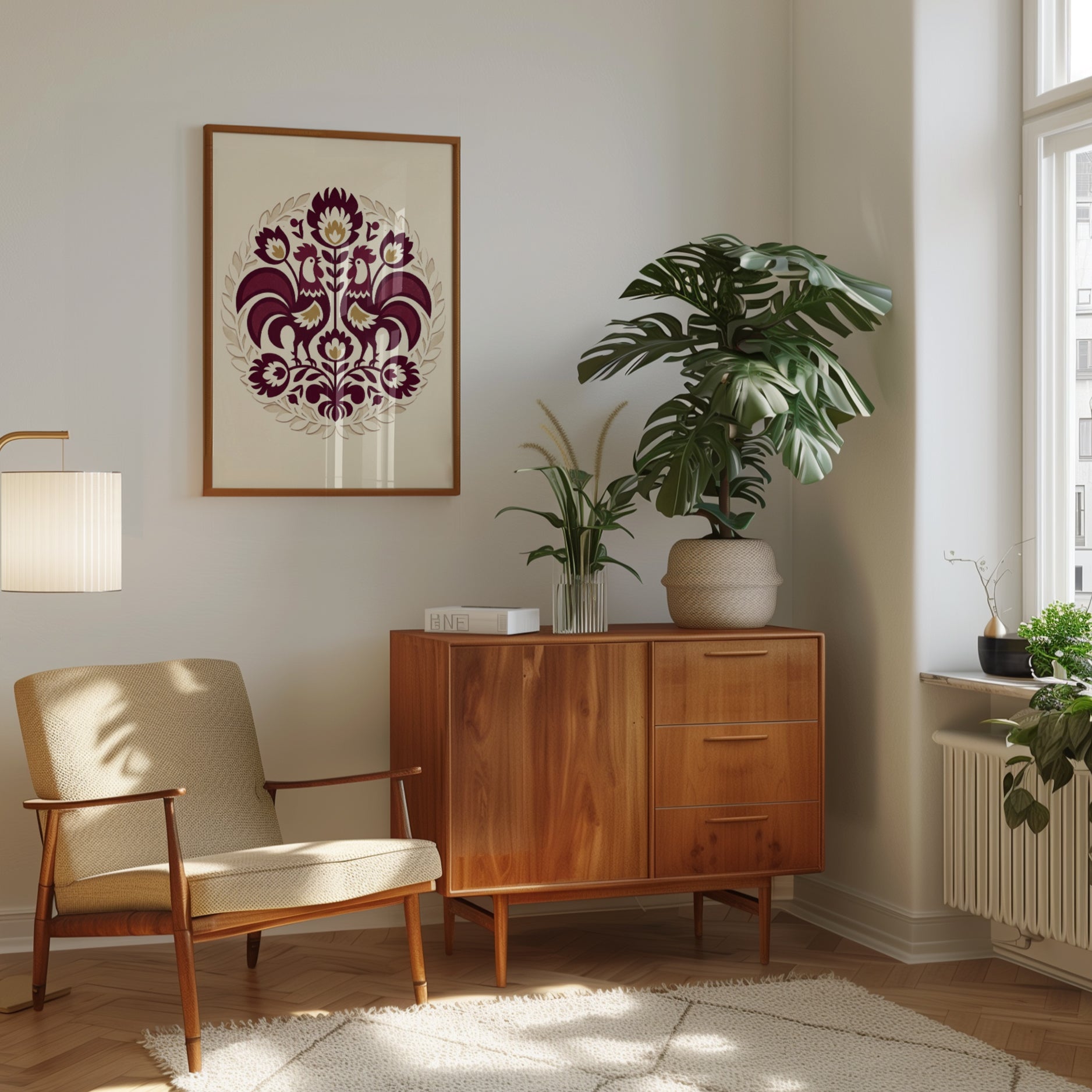 Folk Art Roosters Print: Burgundy Symmetrical Floral Design - interior
