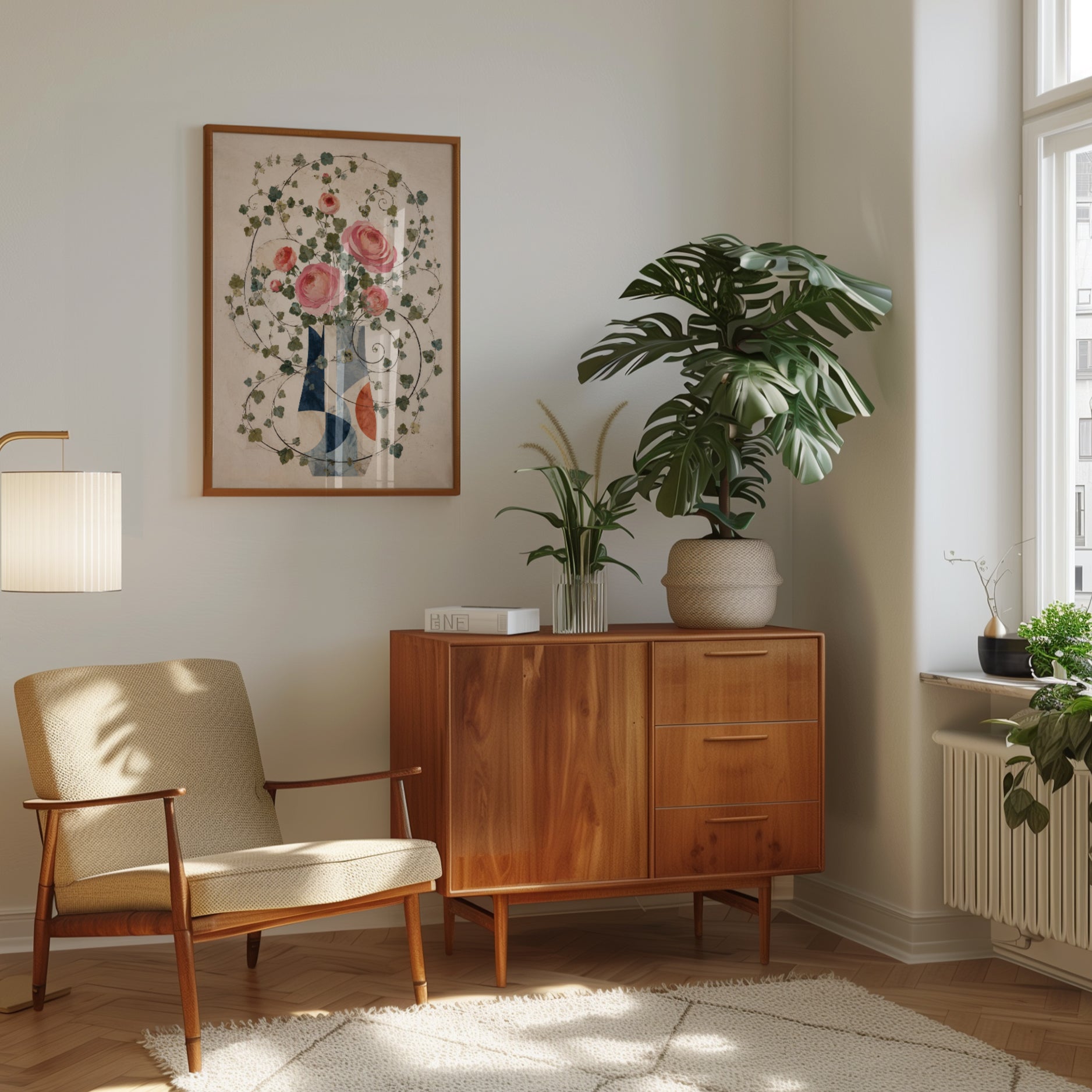 Pink Roses and Ivy Wall Art: Geometric Vase Botanical Print - interior