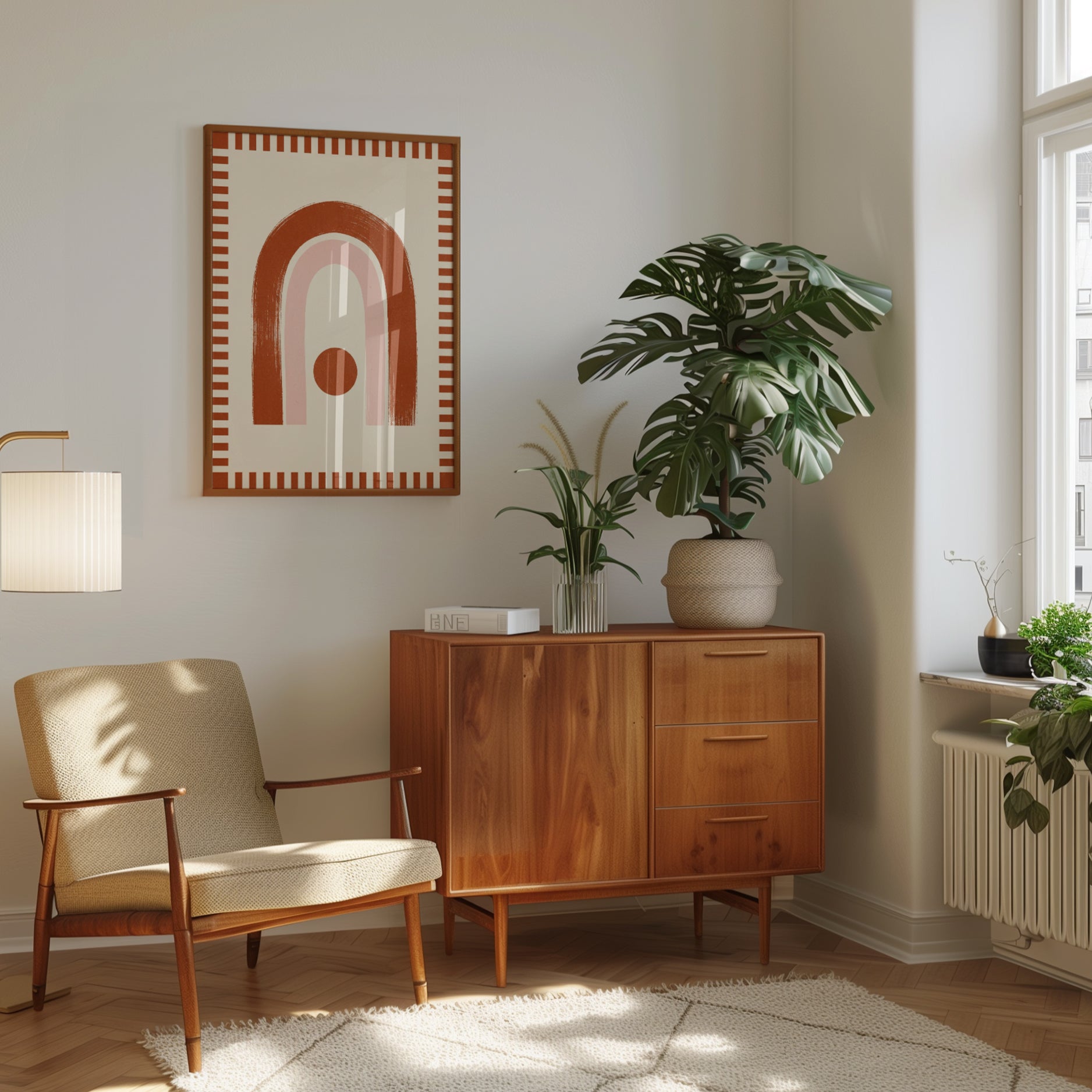 Terracotta Rainbow Wall Art: Mid-Century Modern Geometric Print - interior