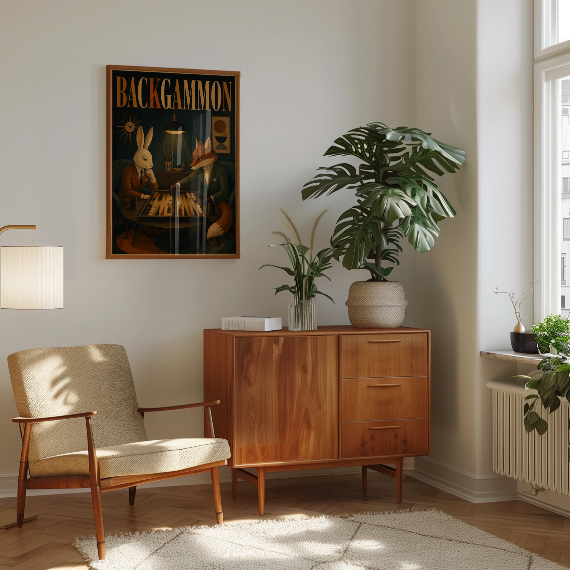 Backgammon Art Print: Mid-Century Fox and Rabbit Game Room Poster - interior