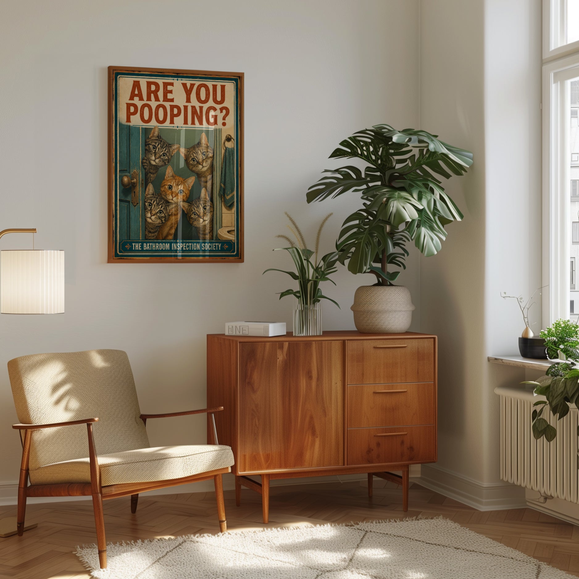 Funny Cat Bathroom Print: Vintage 'Are You Pooping?' Poster - interior