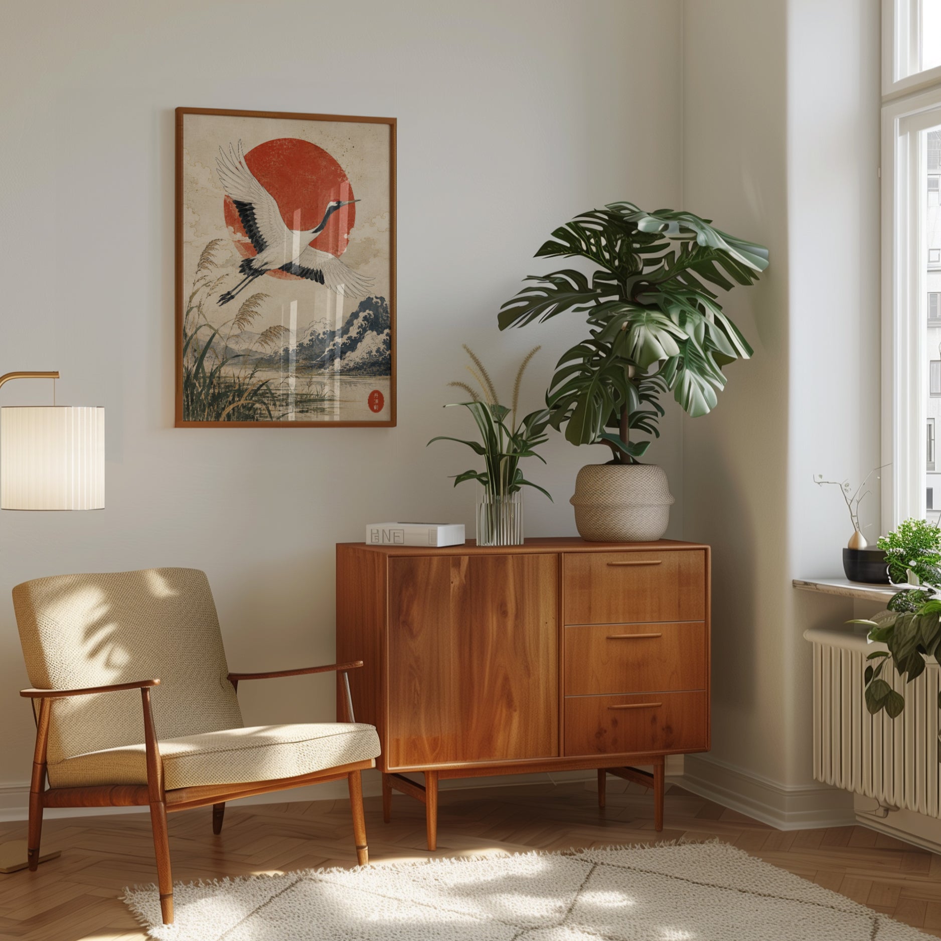 Japanese Crane Art Print: Vintage Red Sun and Wave Design - interior